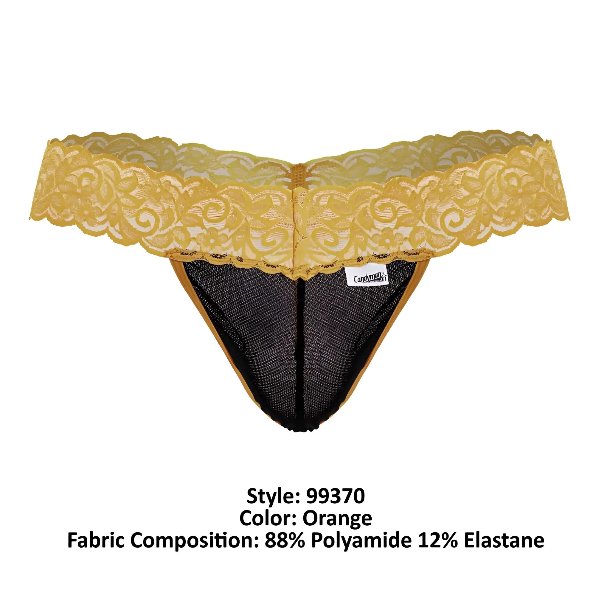 Delicate orange CandyMan 99370 lace thong with black mesh interior and gold trim, front view