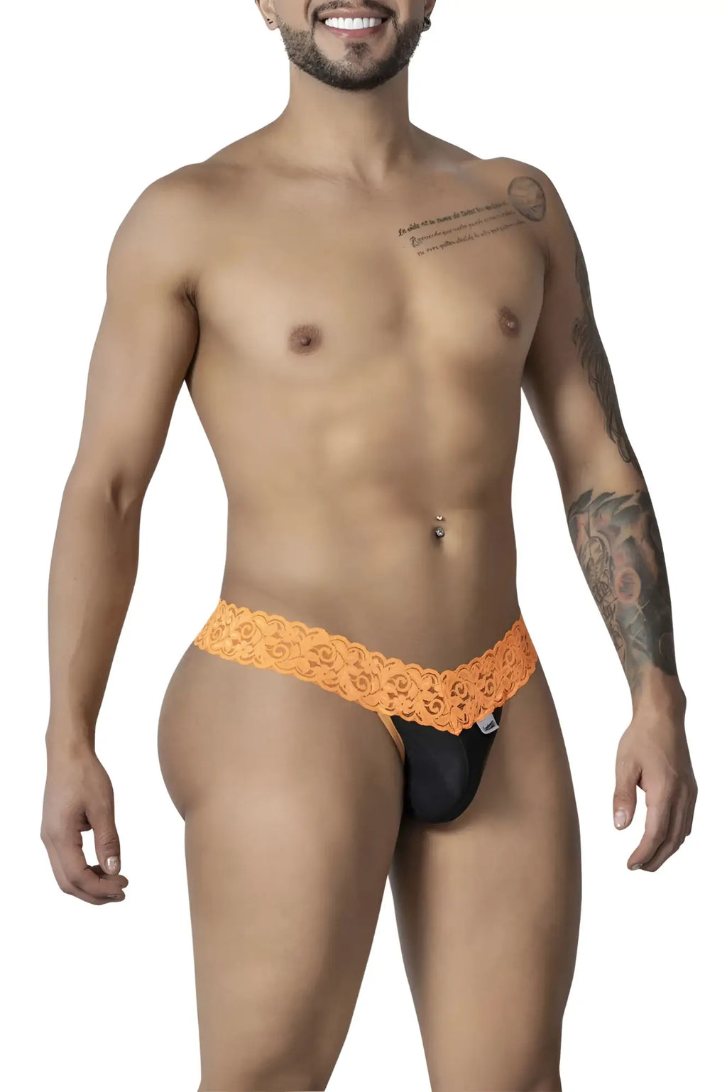 Orang lace-trimmed black lace thong with white candyman brand tag on the side in product candy man 99370 lace thongs color orange
