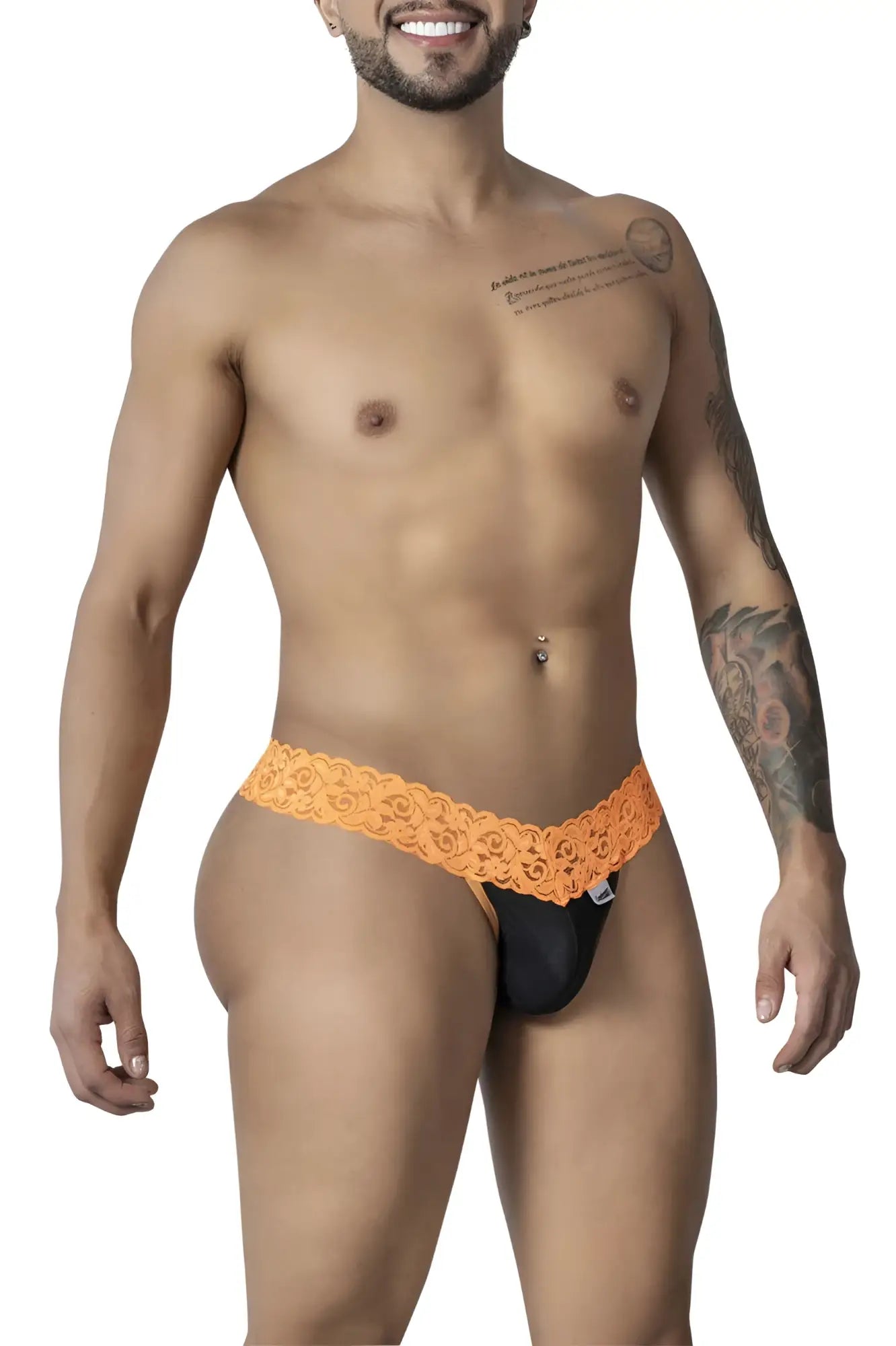 Orang lace-trimmed black lace thong with white candyman brand tag on the side in product candy man 99370 lace thongs color orange