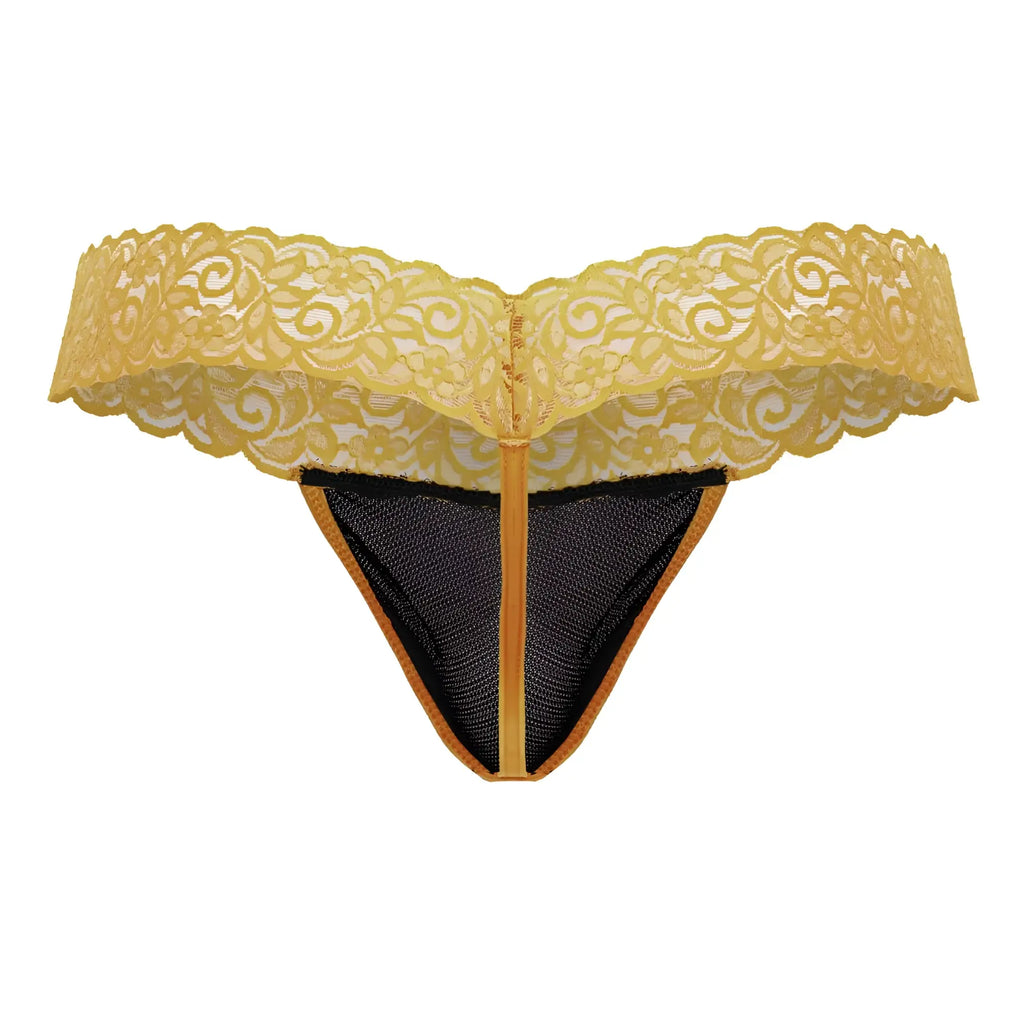 CandyMan 99370 lace thong in yellow with black mesh lining and gold-toned trim showing front view
