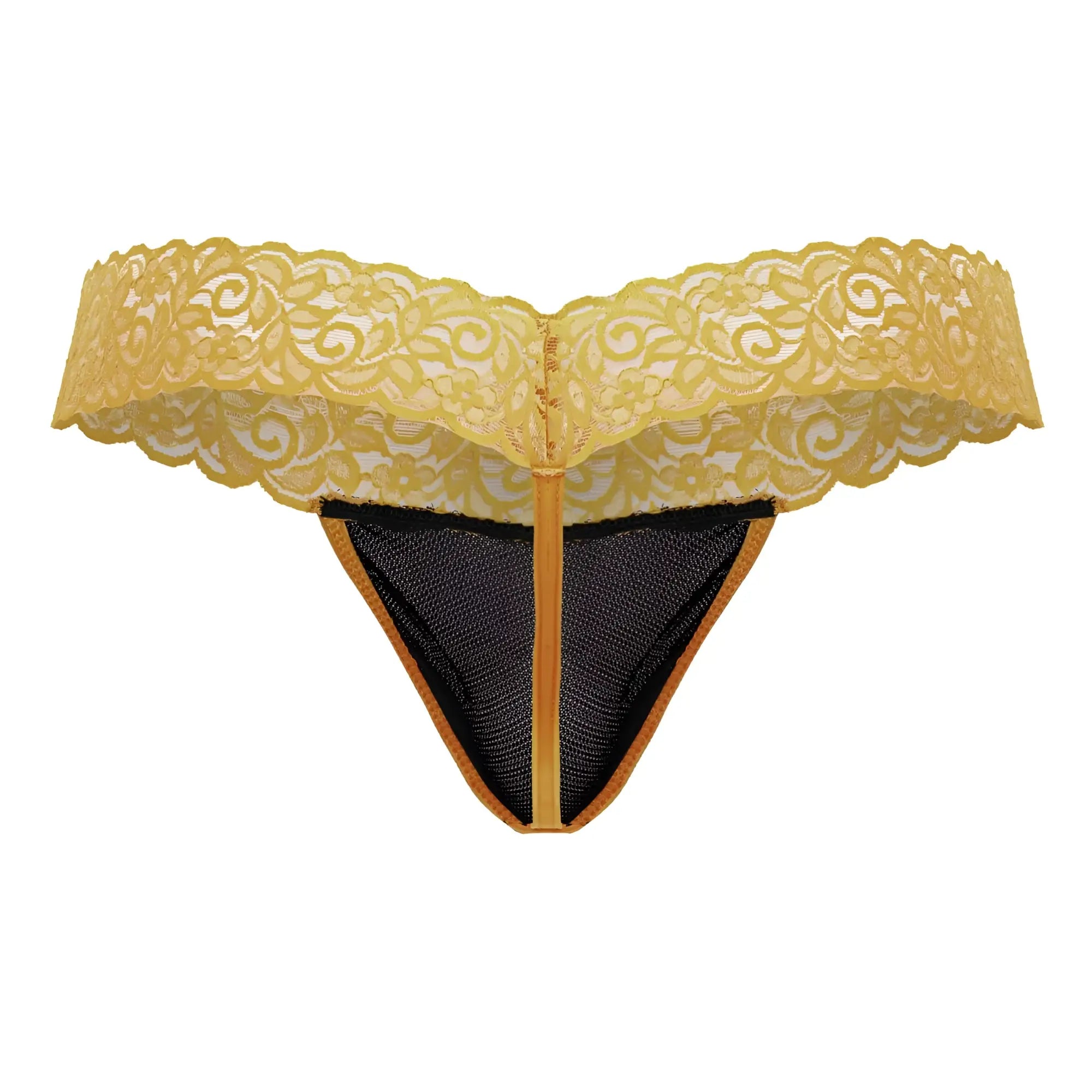 CandyMan 99370 lace thong in yellow with black mesh lining and gold-toned trim showing front view