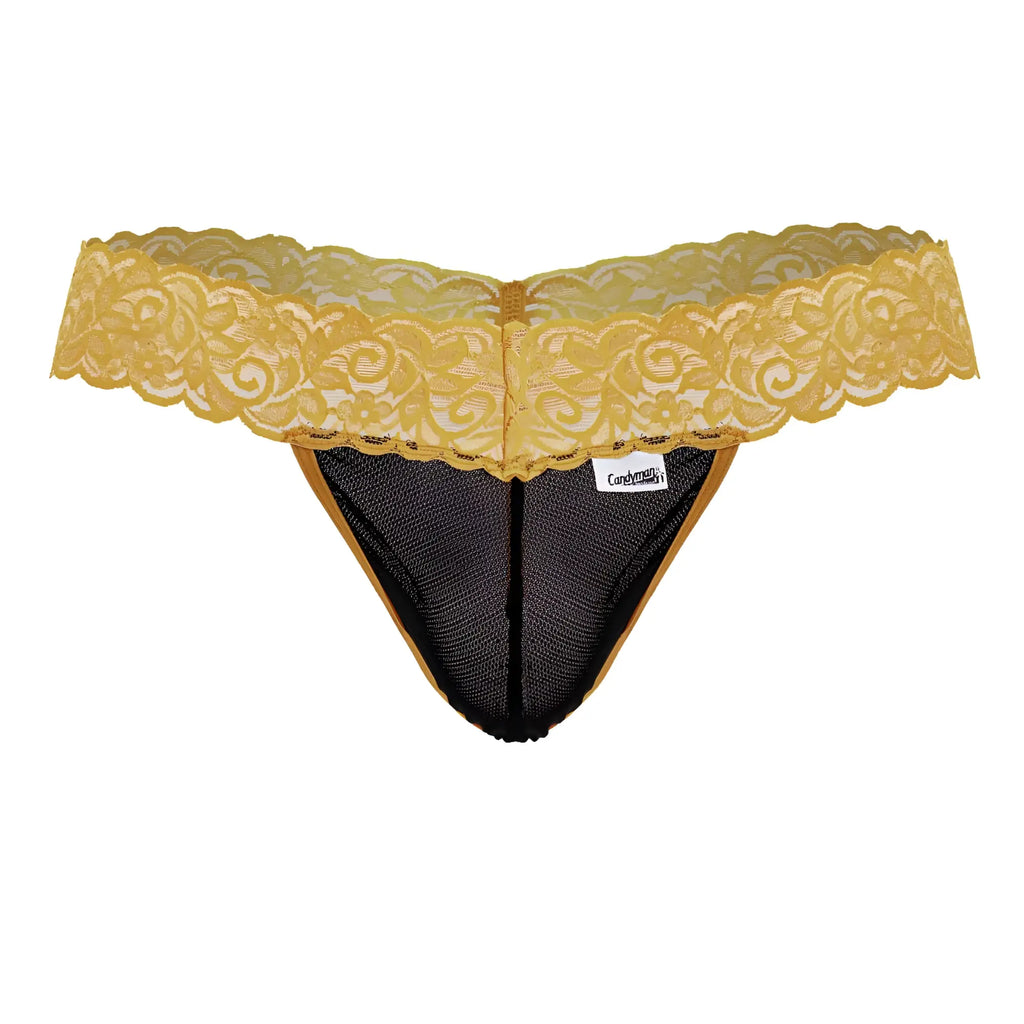 Yellow lace-trimmed black mesh thong with scalloped edge and brand tag from candyman 99370 lace thongs color orange