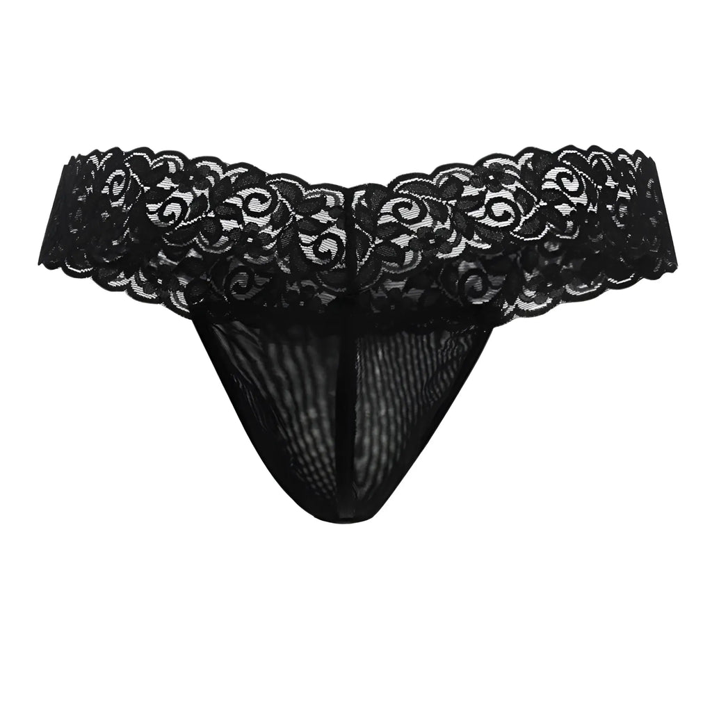 CandyMan 99370 black thong with intricate floral lace patterns and sheer mesh body for elegant lingerie wear