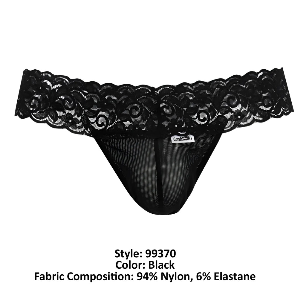 Black lace thong candyMan 99370 with scalloped edge mesh body made of 94 nylon 6 elastane in black