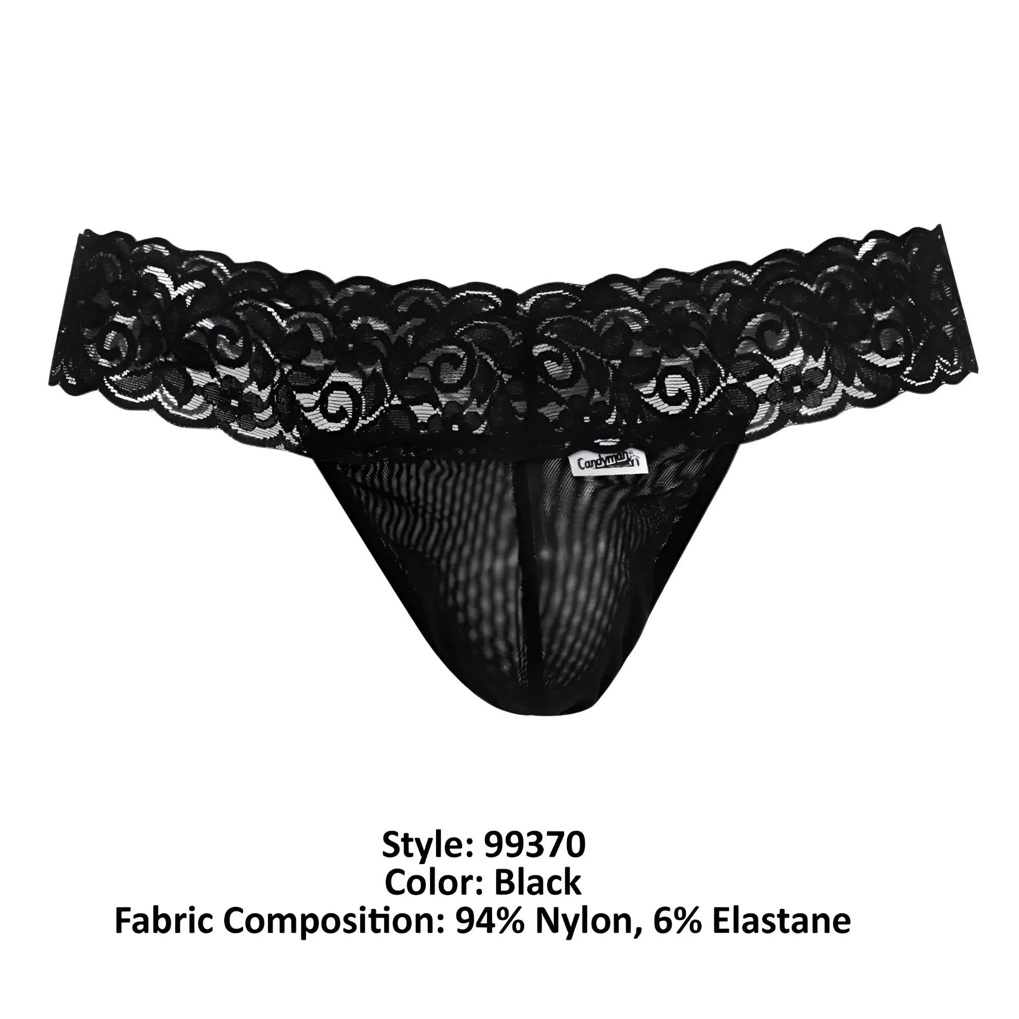 Black lace thong candyMan 99370 with scalloped edge mesh body made of 94 nylon 6 elastane in black