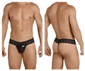 Black lace-trimmed mens thong by candyman 99370 featuring a small brand tag on the front in black color