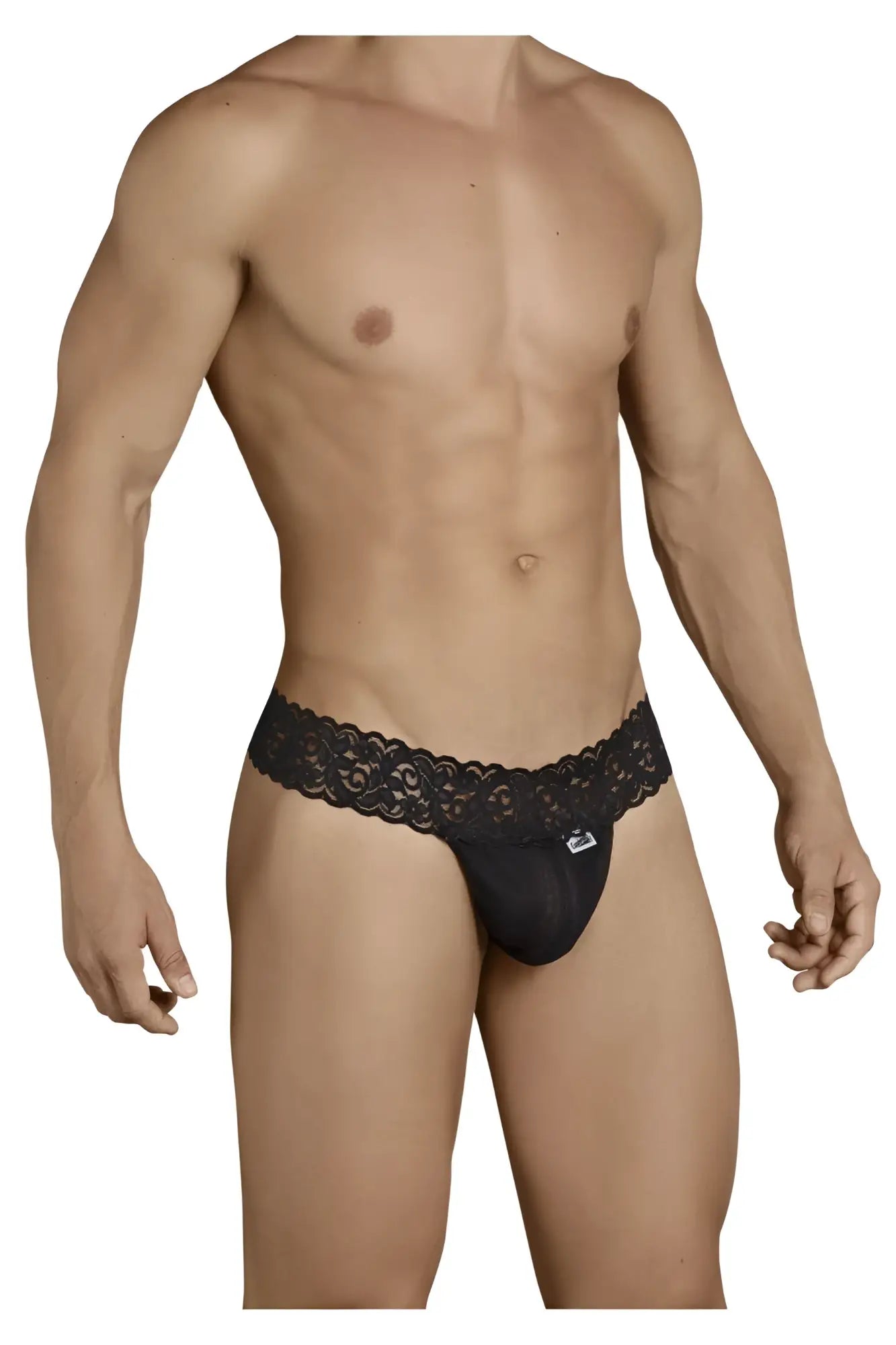 Black lace-trimmed CandyMan 99370 men’s thong in black with a subtle front logo detailing