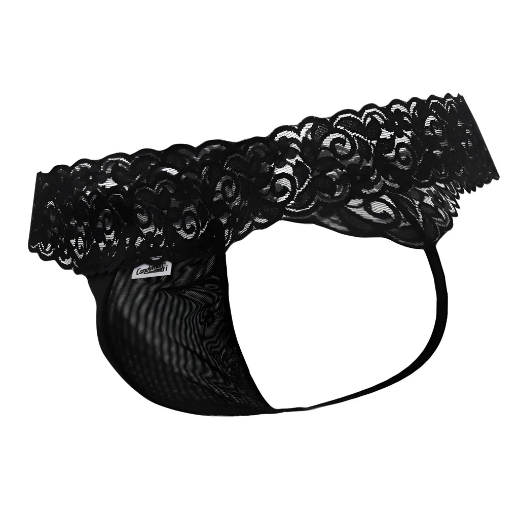CandyMan 99370 black thongs in mesh with black lace trim scalloped edge and elastic waistband shown from the back