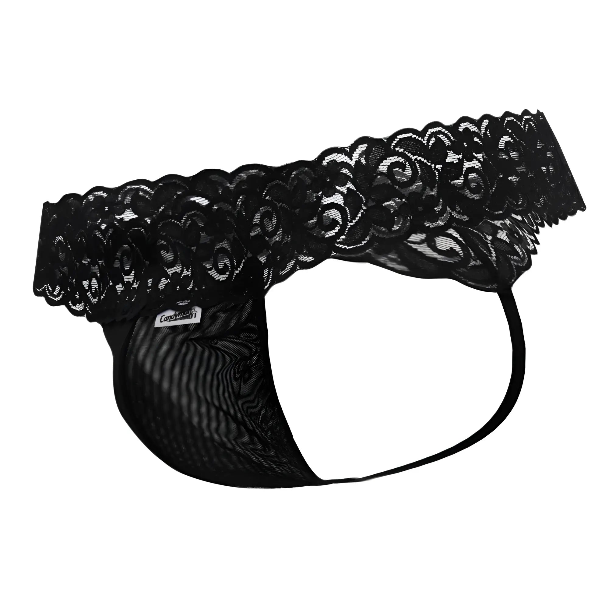 CandyMan 99370 black thongs in mesh with black lace trim scalloped edge and elastic waistband shown from the back