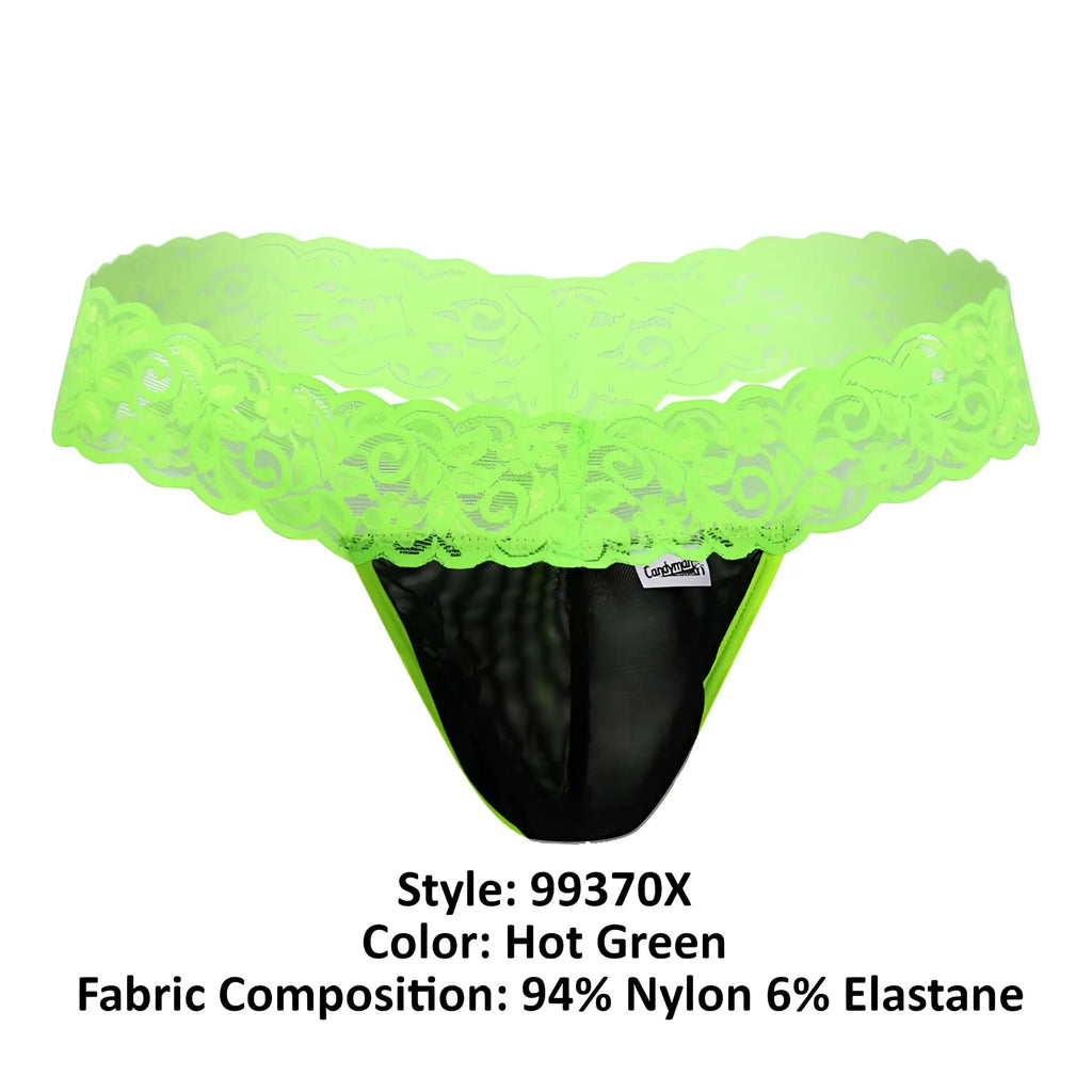 Hot green CandyMan 99370X thong with lace trim and black mesh interior showing front side details