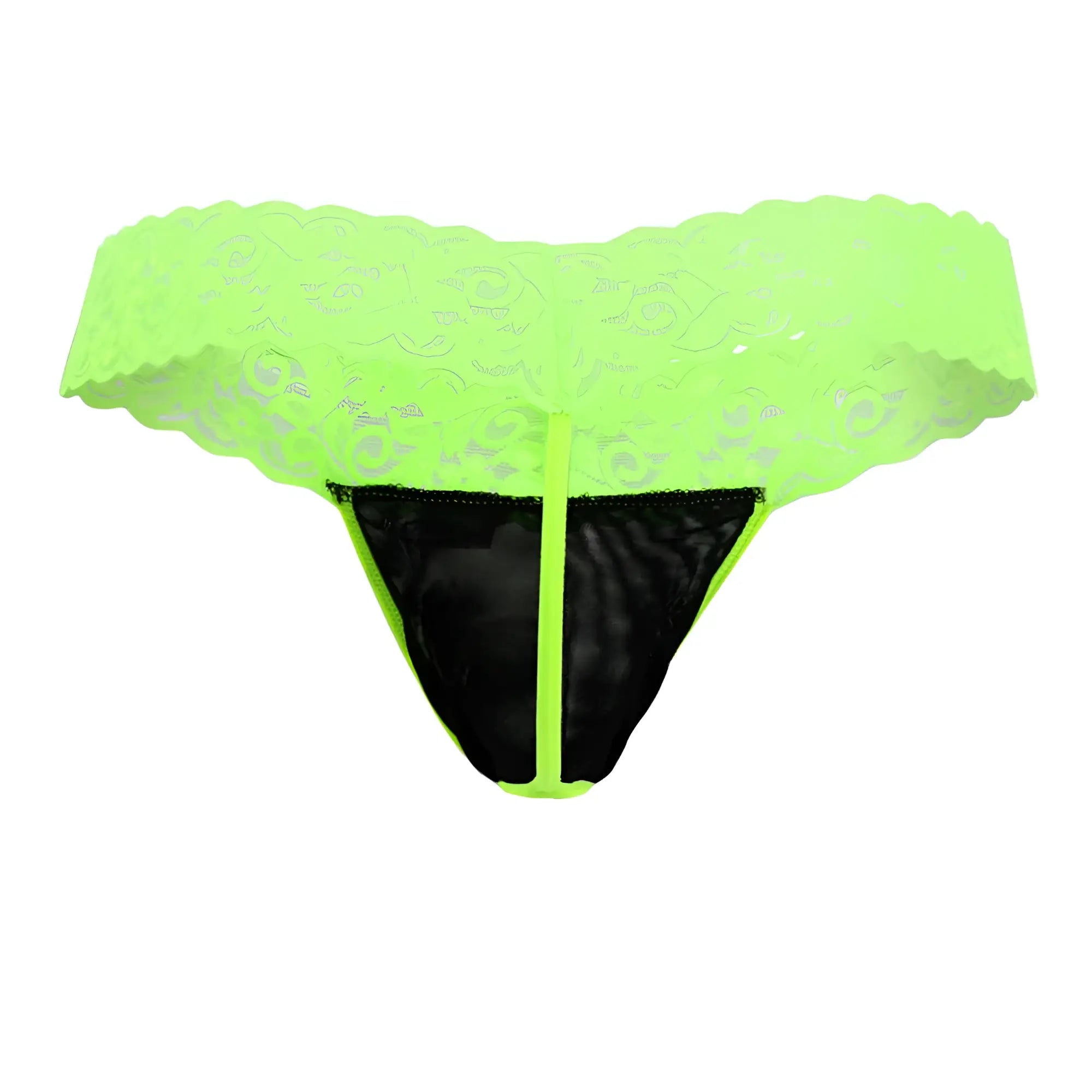 Neon green candyMan 99370X thong with black mesh panel and matching neon green lace trim front view