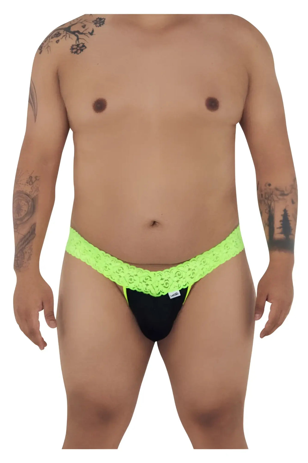 Neon green lace-trimmed black briefs candyMan 99370X thongs in hot green showing front side details