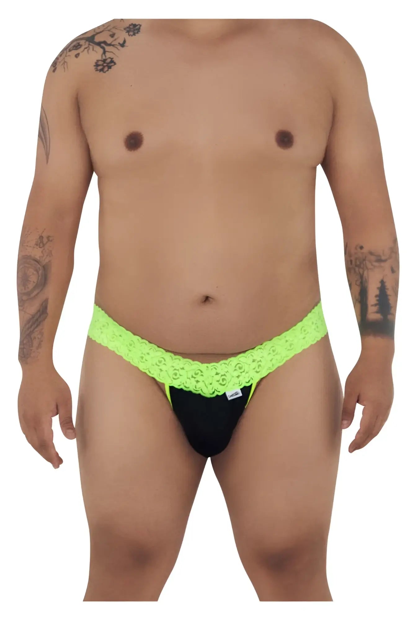 Neon green lace-trimmed black briefs candyMan 99370X thongs in hot green showing front side details