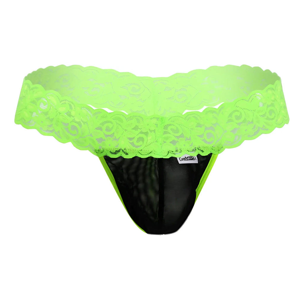 Neon green lace-trimmed black mesh thong candyMan 99370X showing front side with sheer fabric and delicate lace detailing