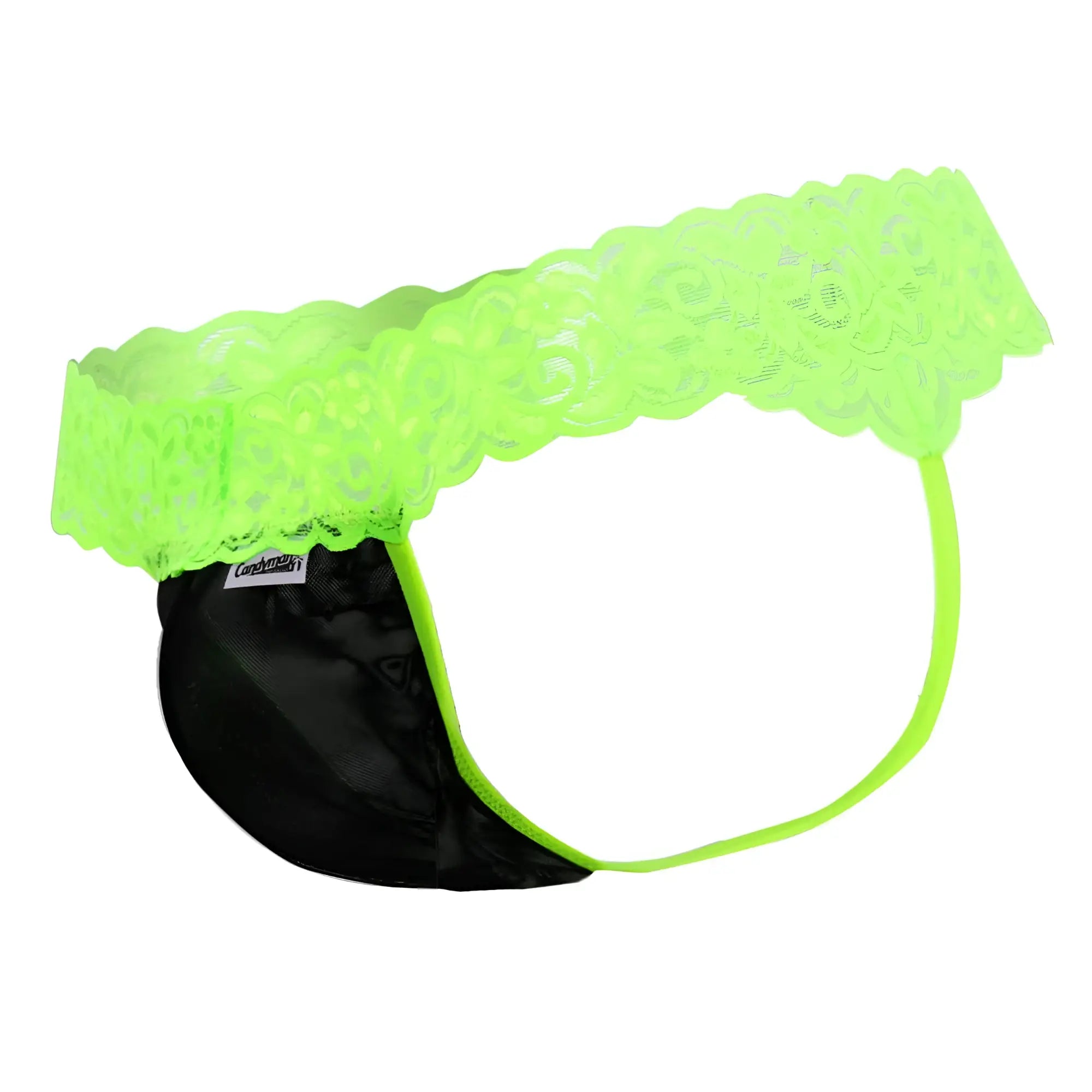 CandyMan 99370X thongs in neon green with lace trim and satin finish black briefs front view