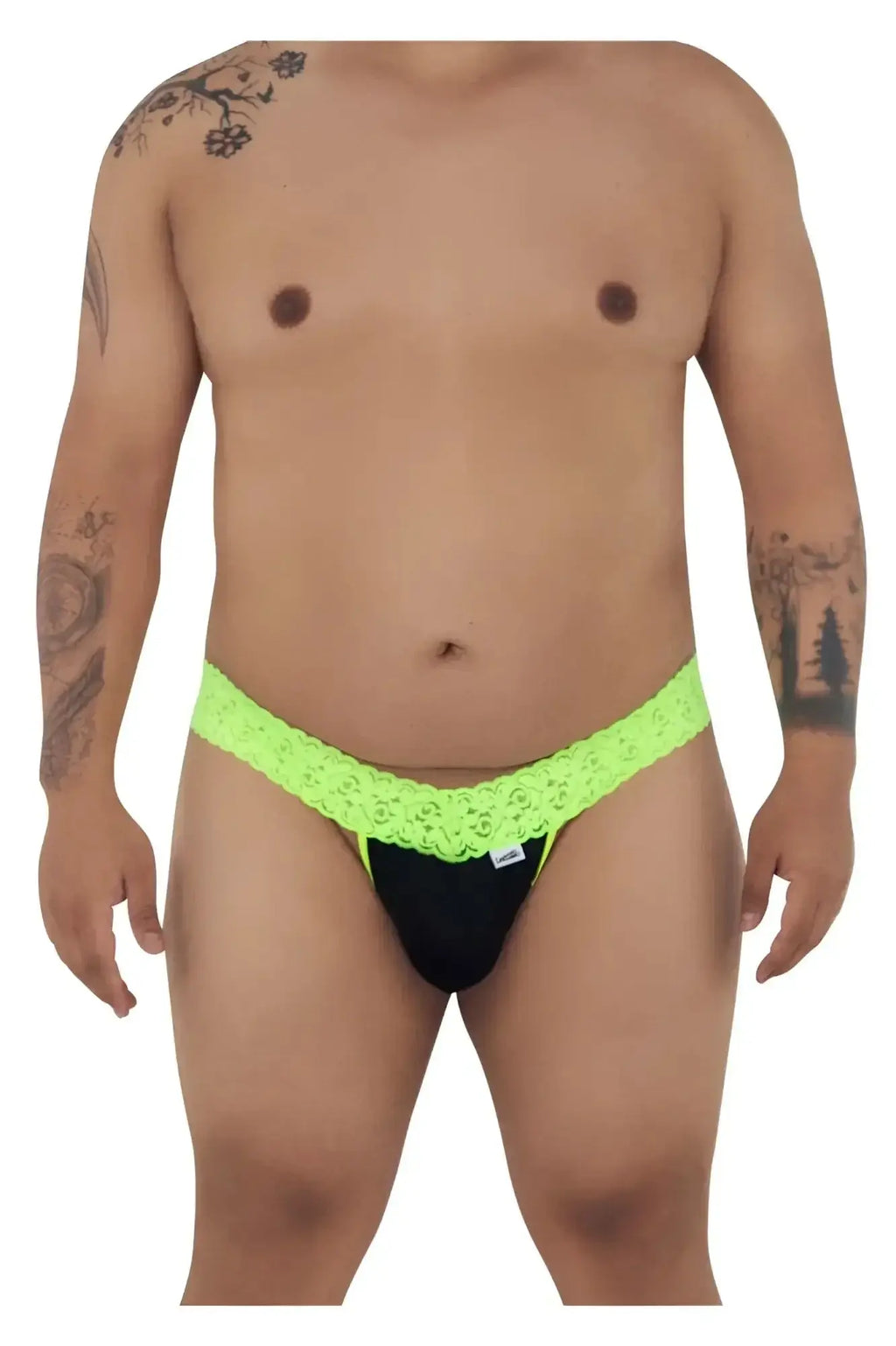 Neon green lace-trimmed black briefs candyMan 99370X thongs in hot green showing front side details