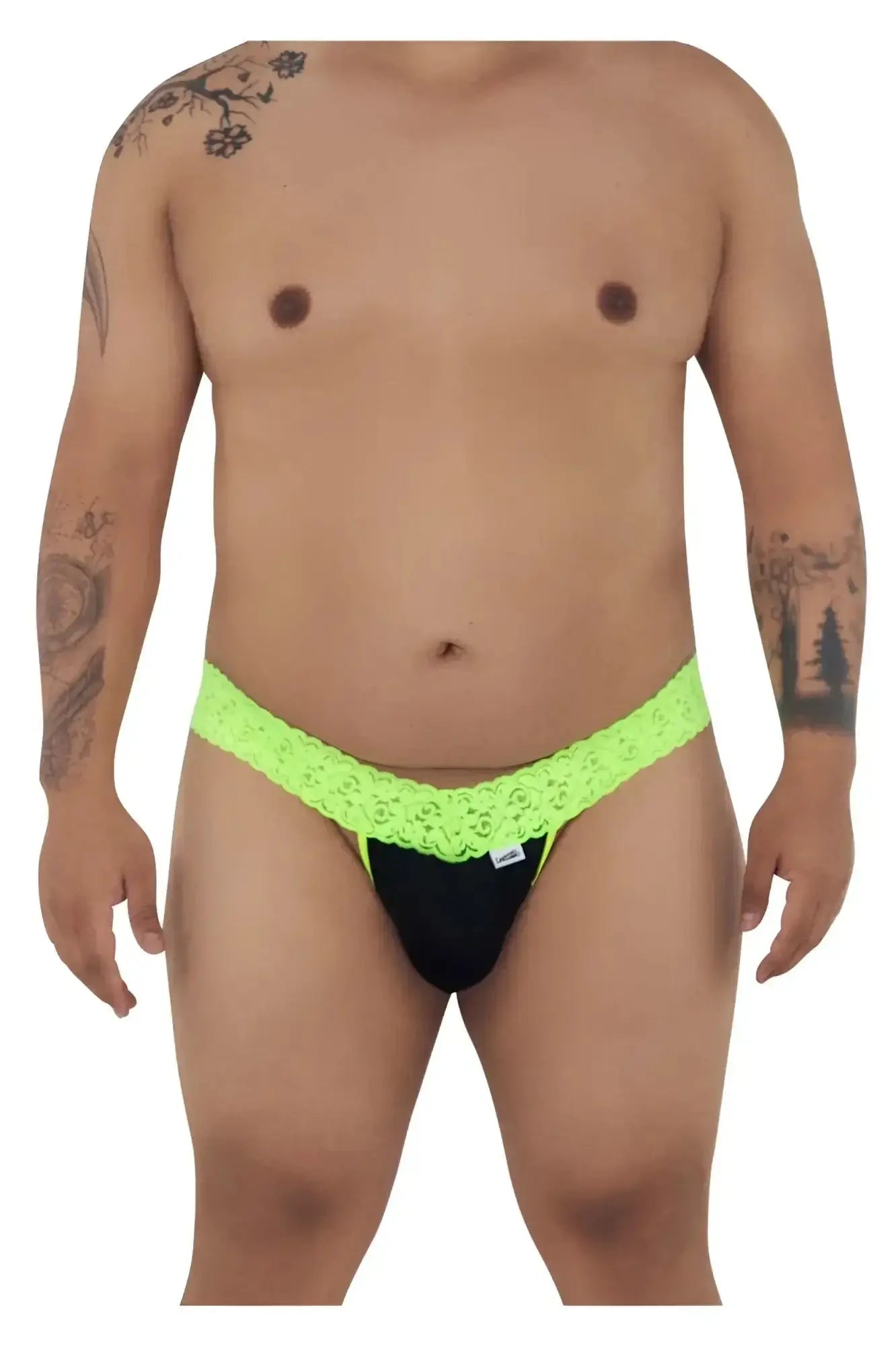 Neon green lace-trimmed black briefs candyMan 99370X thongs in hot green showing front side details