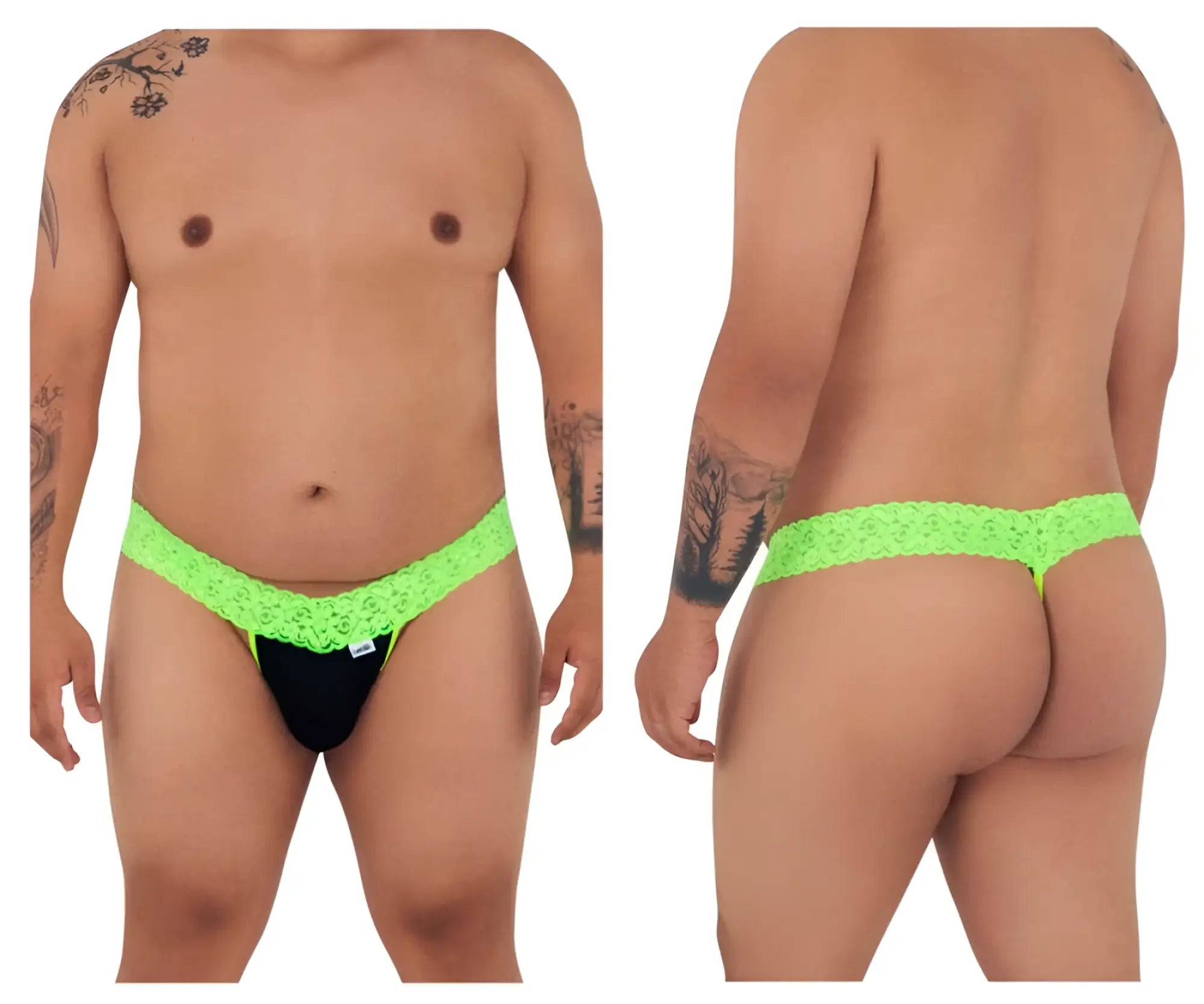Neon green lace-trimmed black thong by candyman 99370x showing hot green color and delicate lace detailing