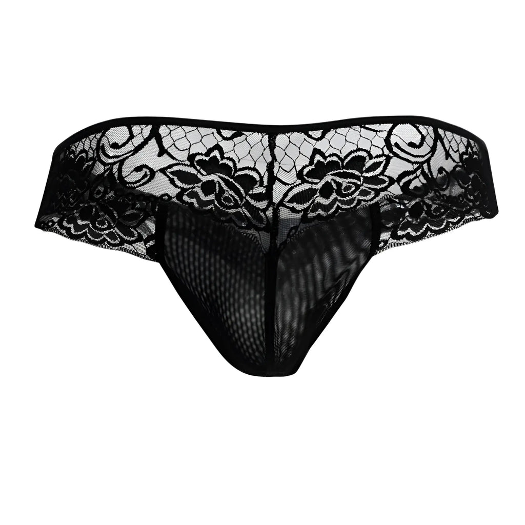 Black lace thong with floral patterns and mesh front from candyman 99392 thongs color black