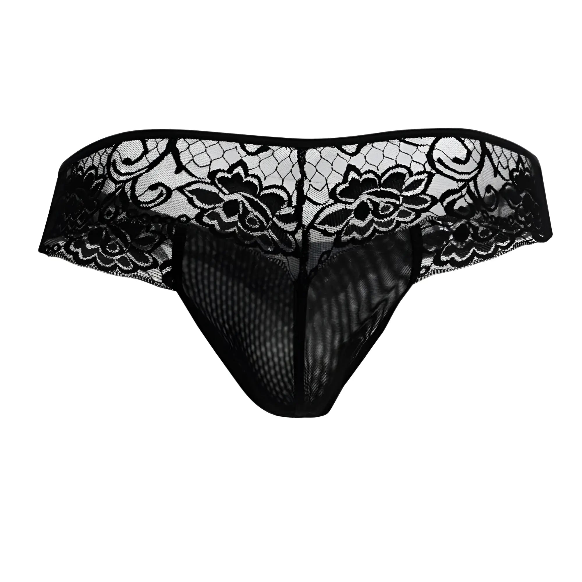Black lace thong with floral patterns and mesh front from candyman 99392 thongs color black