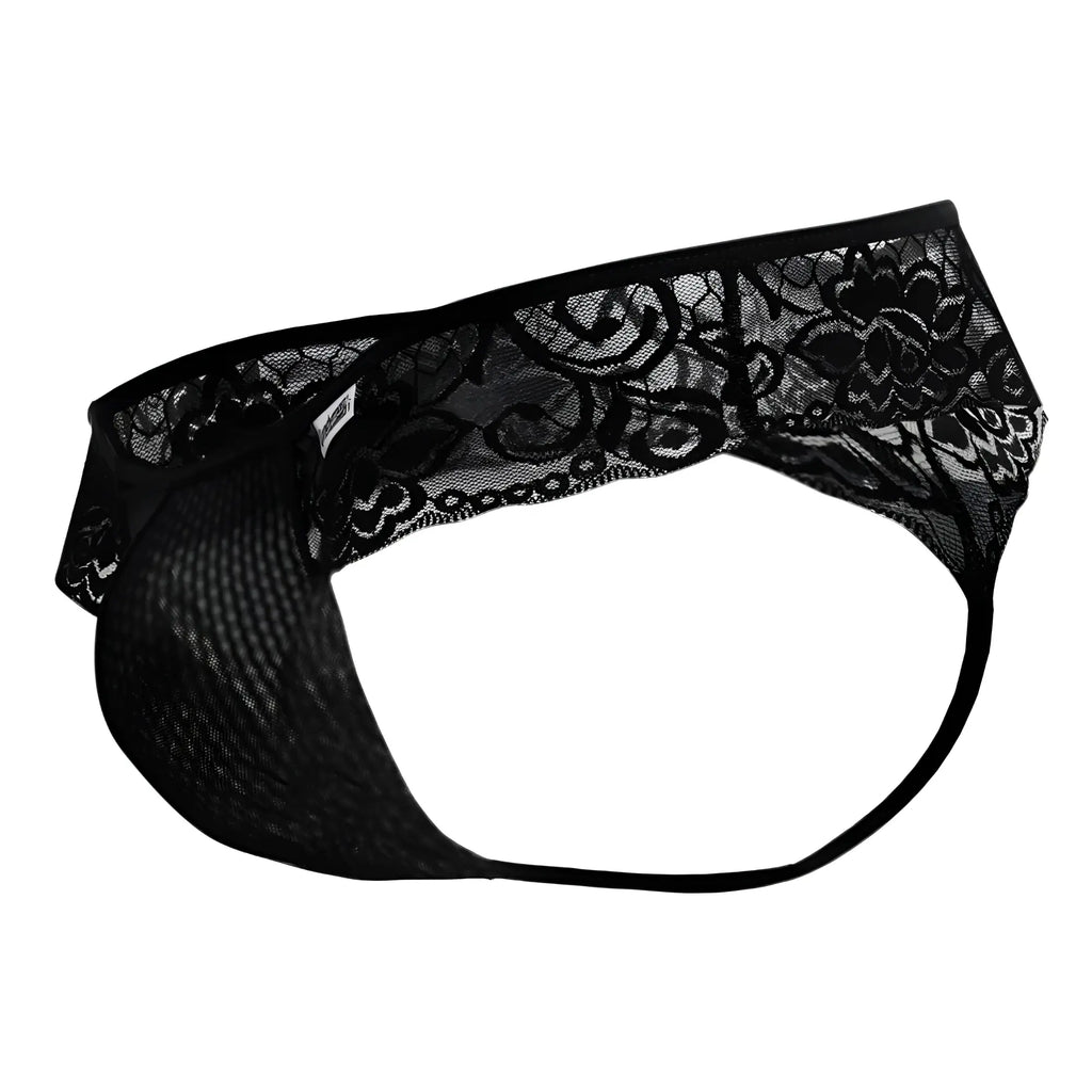 Black lace thong candyMan 99392 with intricate floral patterns and mesh fabric base in black, front view