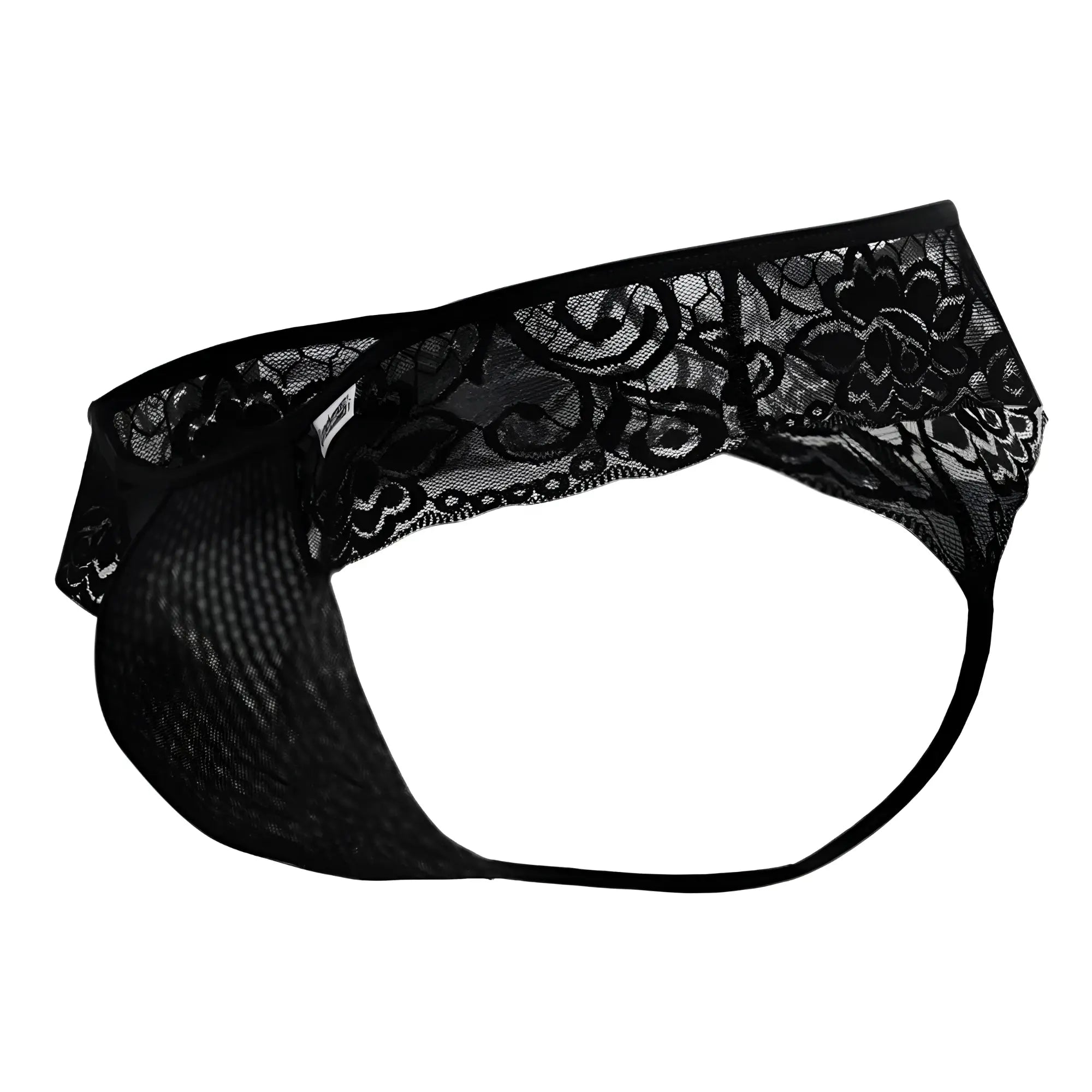 Black lace thong candyMan 99392 with intricate floral patterns and mesh fabric base in black, front view