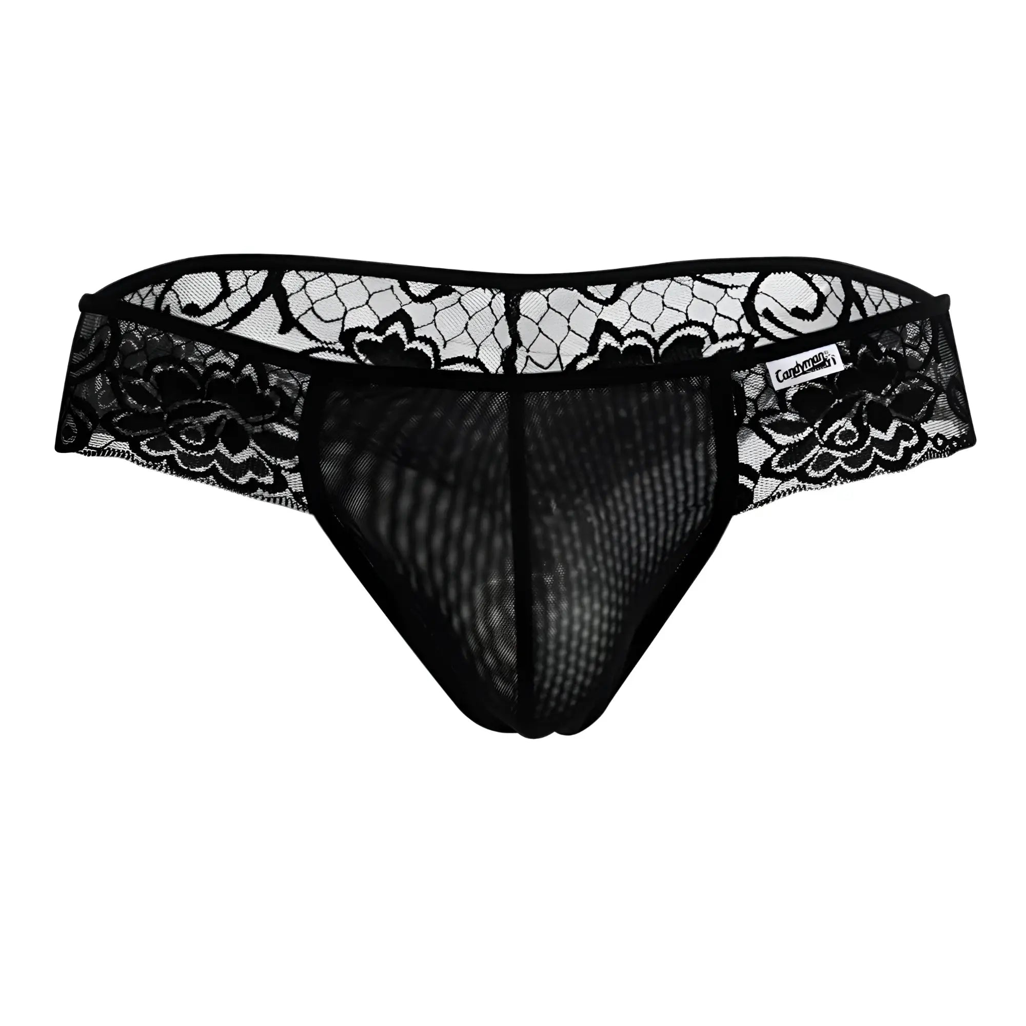CandyMan 99392 black lace thong featuring intricate floral patterns and mesh fabric body front view
