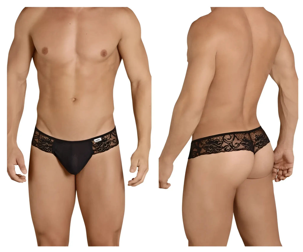 Black lace-trimmed mens briefs with sheer mesh and floral embroidery on the waistband candyMan 99392 thongs black