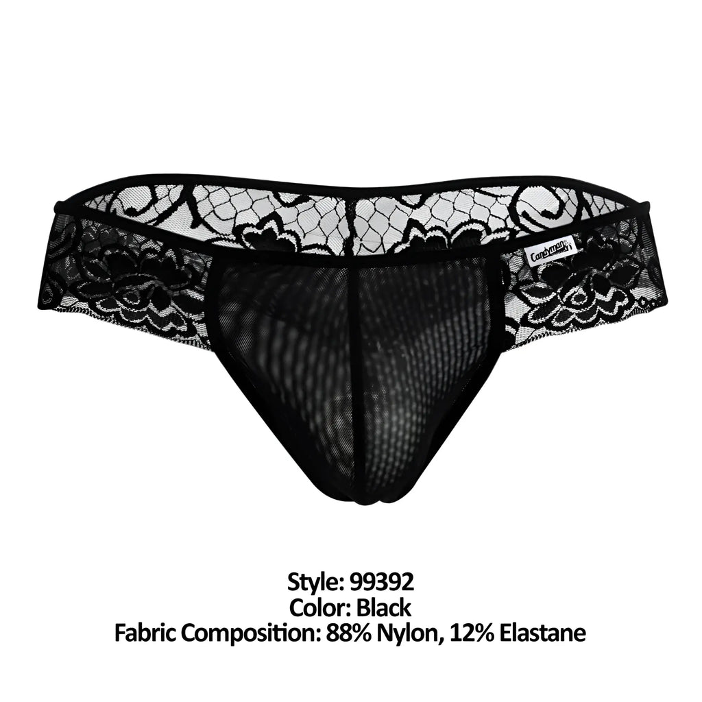 Black candy man 99392 thongs lace-trimmed mesh briefs with floral pattern and elastic waistband