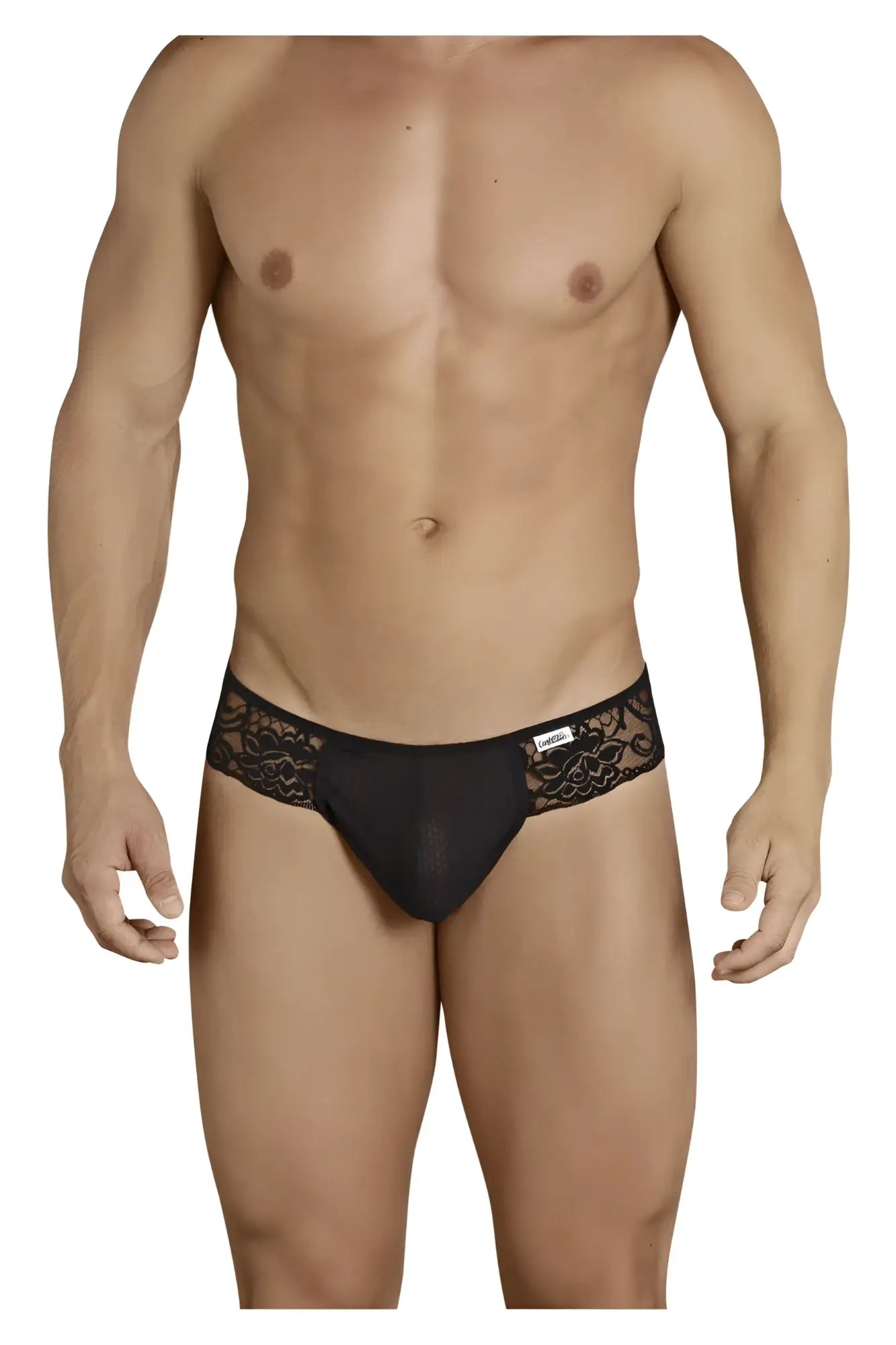 Black CandyMan 99392 thong briefs with lace trim sheer mesh front and embroidered floral waistband design