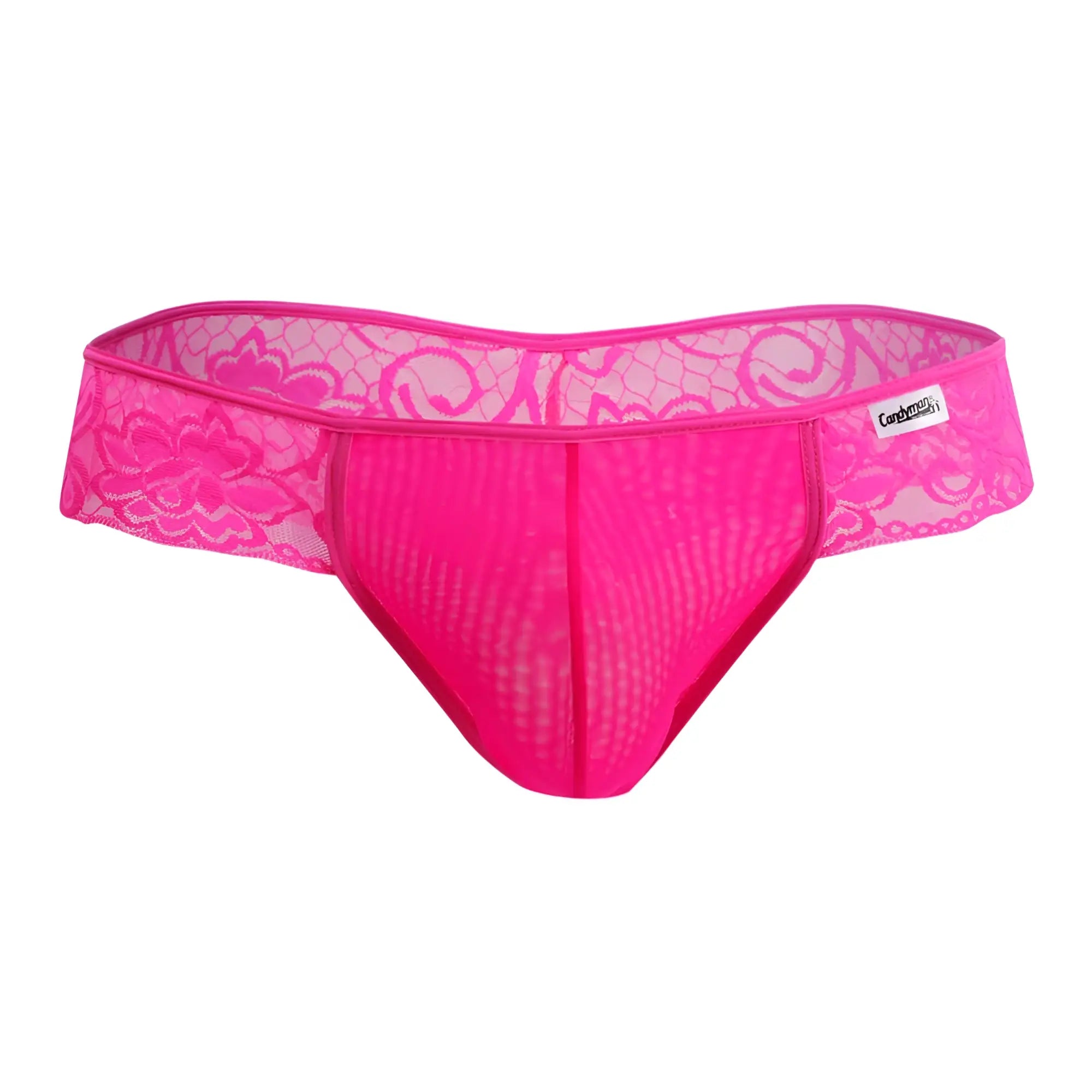 CandyMan 99392 bright pink lace thong with floral patterns and mesh front panel for feminine lingerie wear