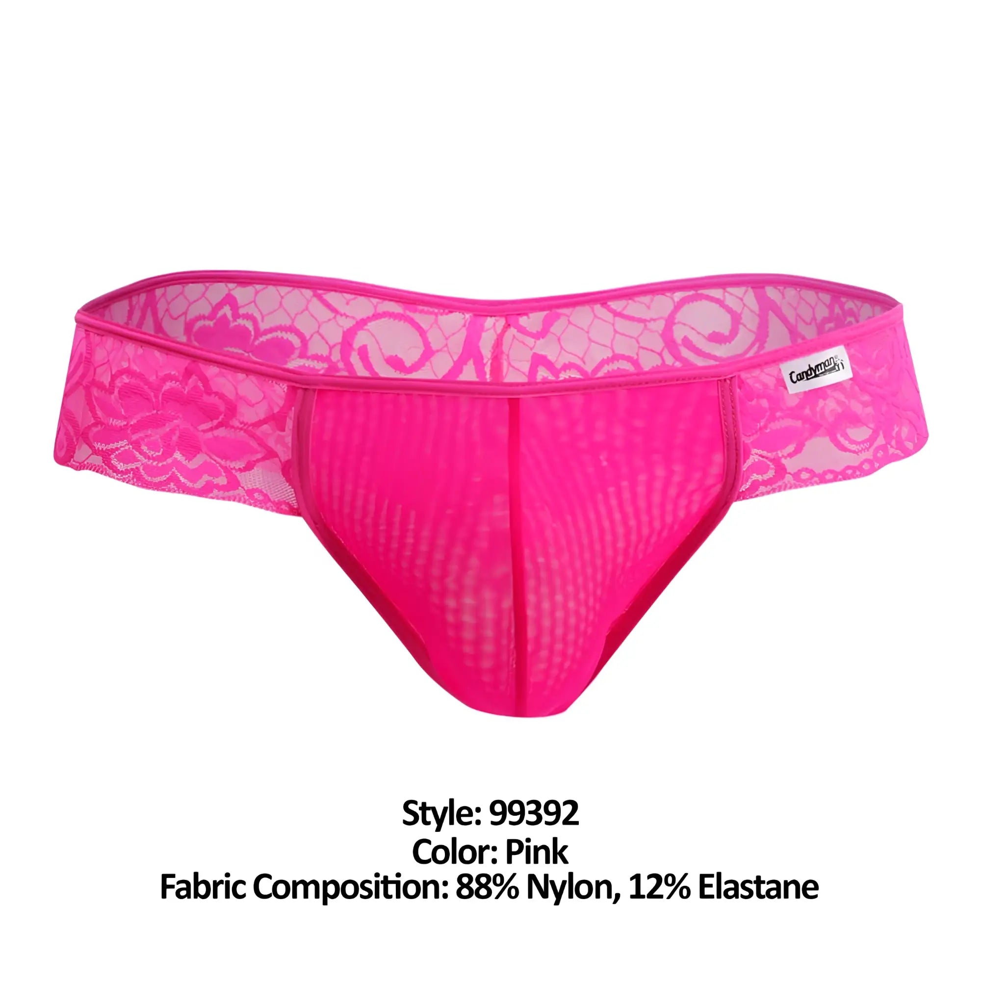 CandyMan 99392 pink men’s thong with bright pink lace trim mesh front panel and elastic waistband