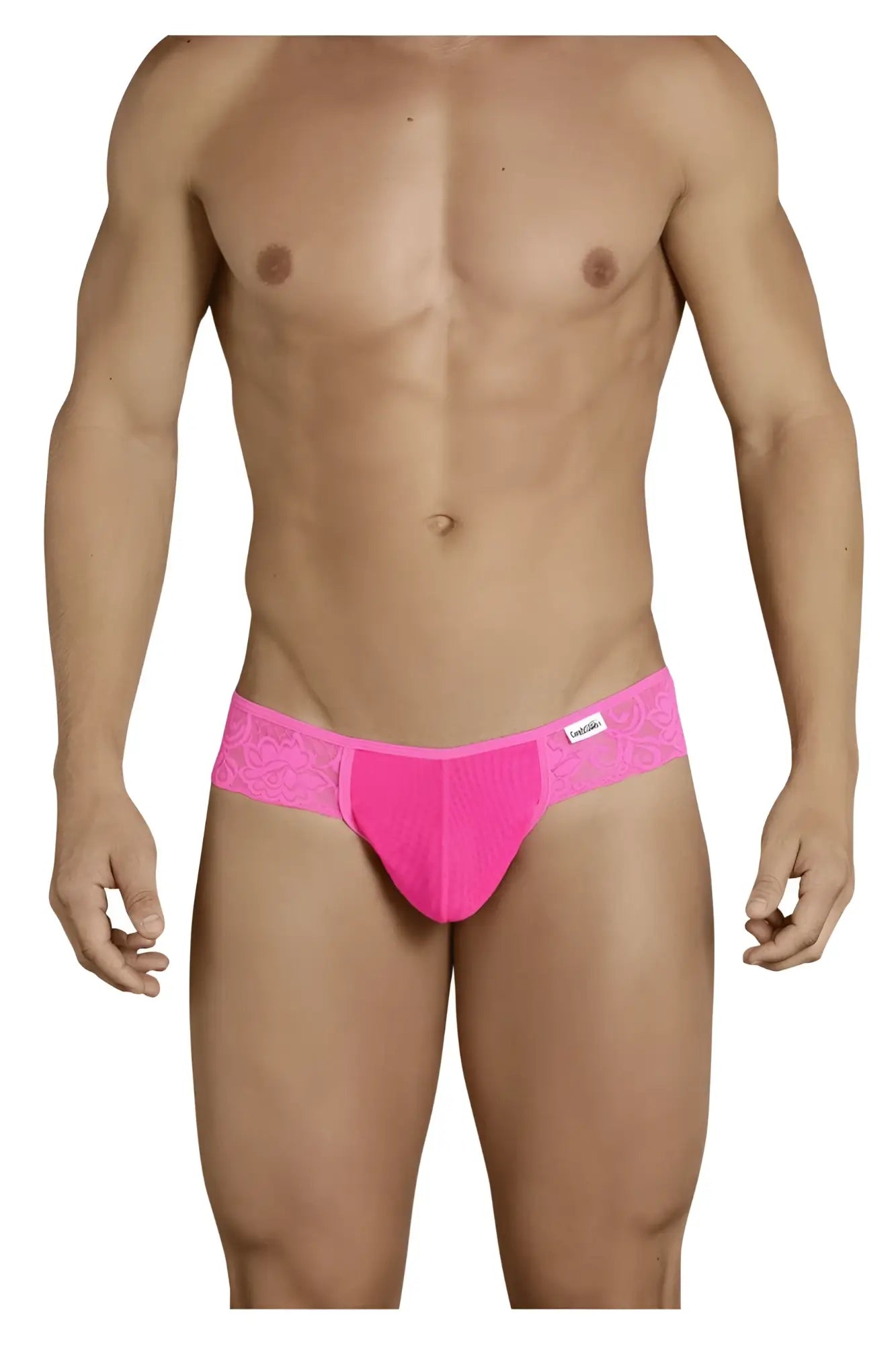 Bright pink CandyMan 99392 thongs with lace trim and smooth form-fitting design front view briefs