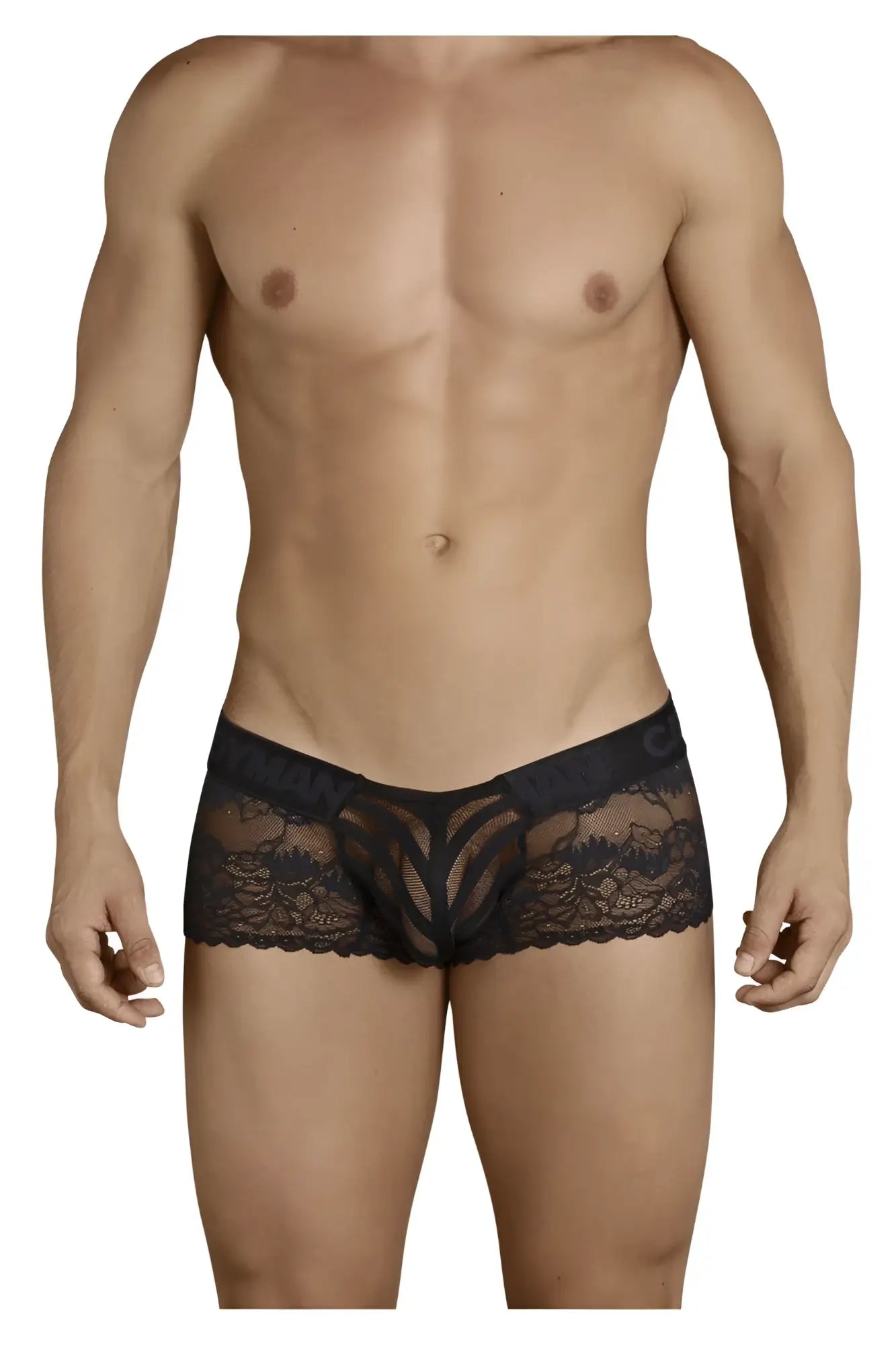 Black lace CandyMan 99393 boxer briefs for men featuring intricate floral patterns and a solid waistband in black