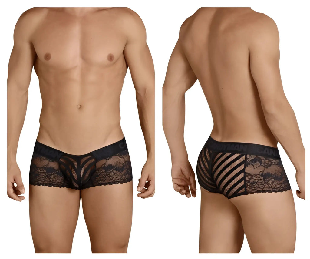 CandyMan 99393 black lace men’s briefs with intricate floral patterns and mesh design front view