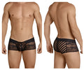 CandyMan 99393 black lace men’s briefs with intricate floral patterns and mesh design front view