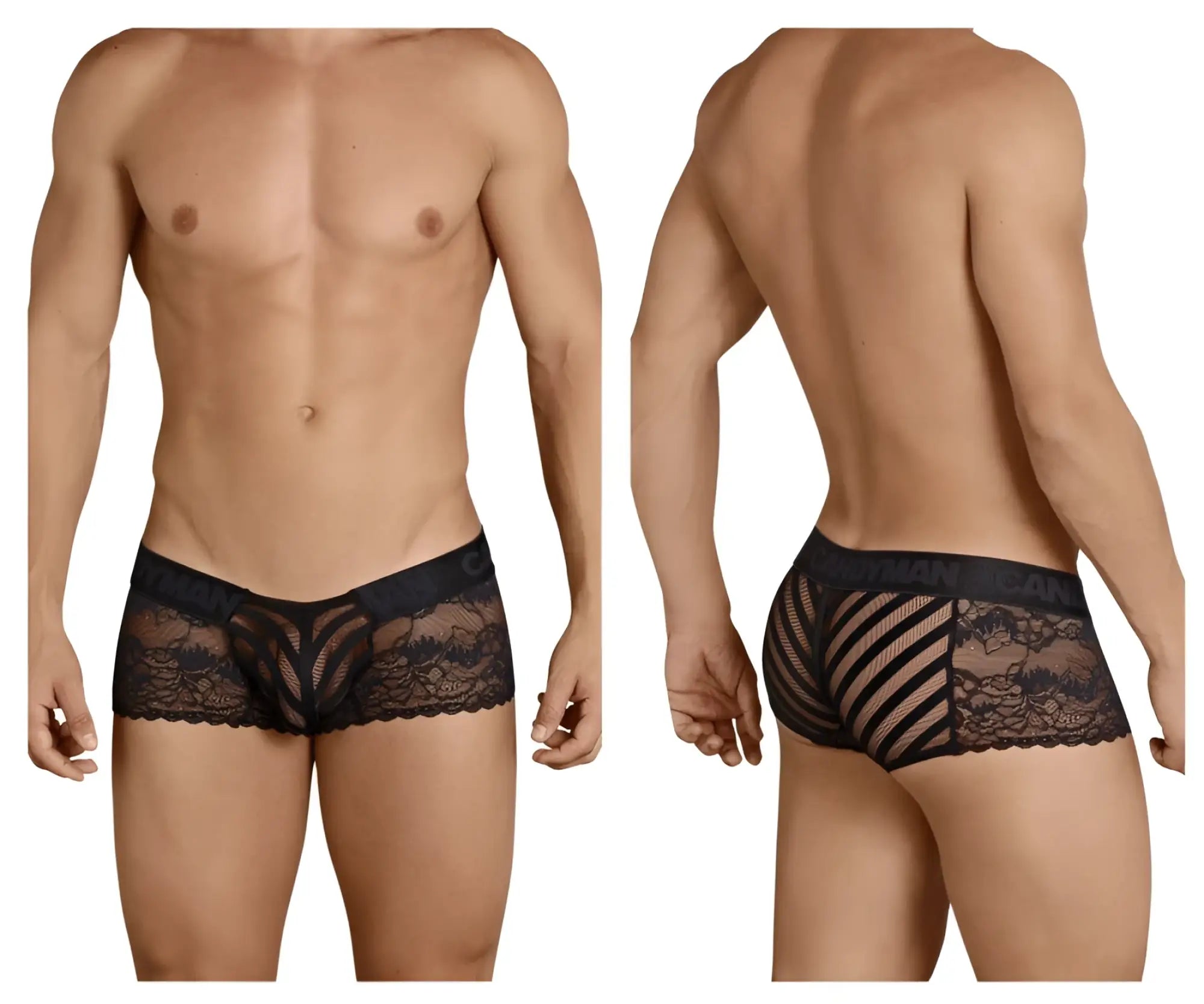 CandyMan 99393 black lace men’s briefs with intricate floral patterns and mesh design front view