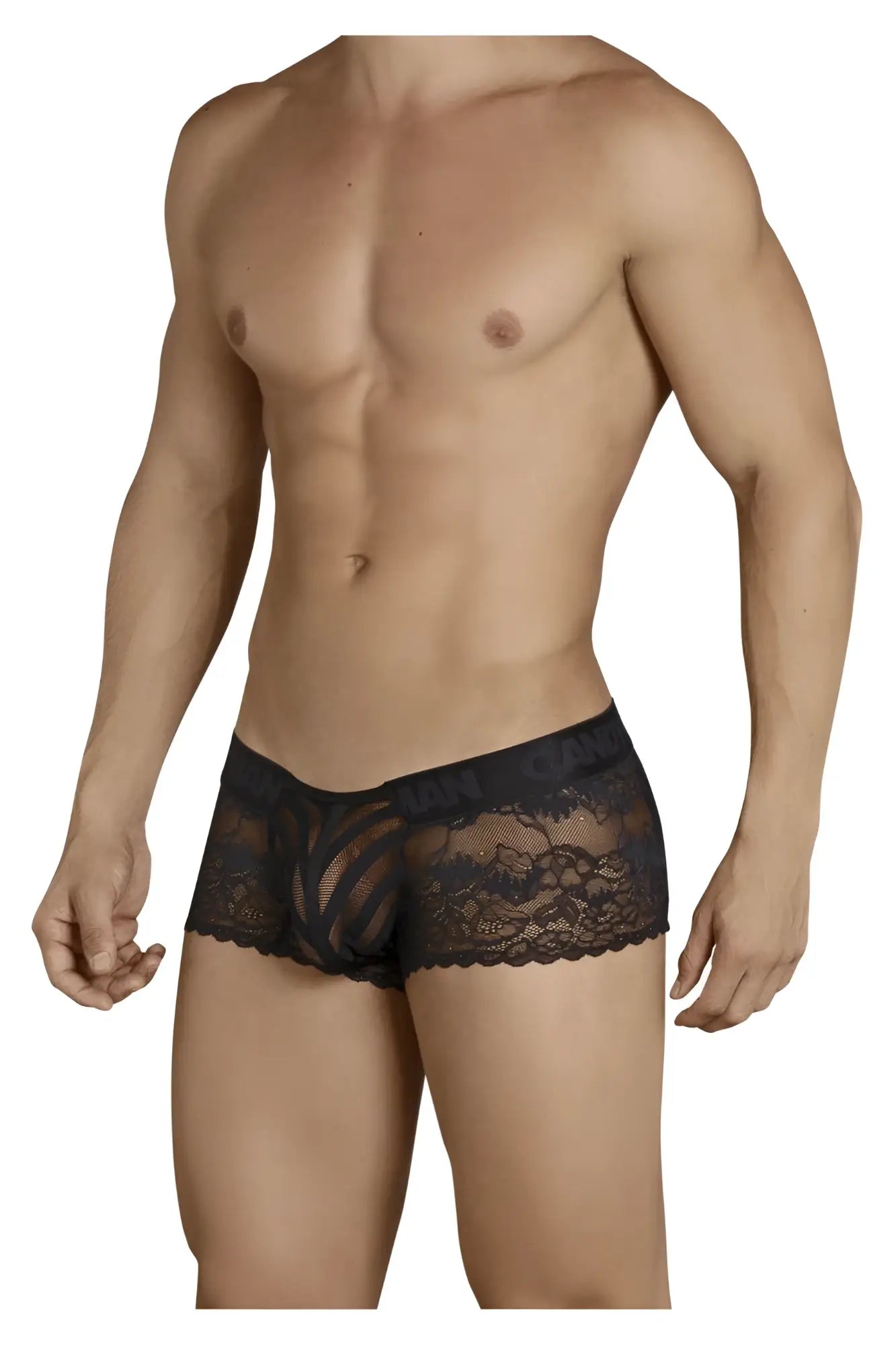 CandyMan 99393 black lace men’s briefs with intricate floral patterns and a scalloped hem