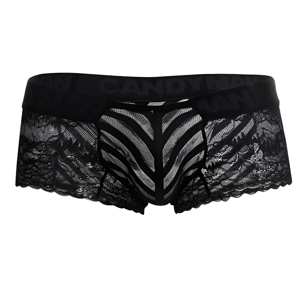 Black lace men’s boxer briefs with mesh panel and scalloped edges candy man 99393 in black color