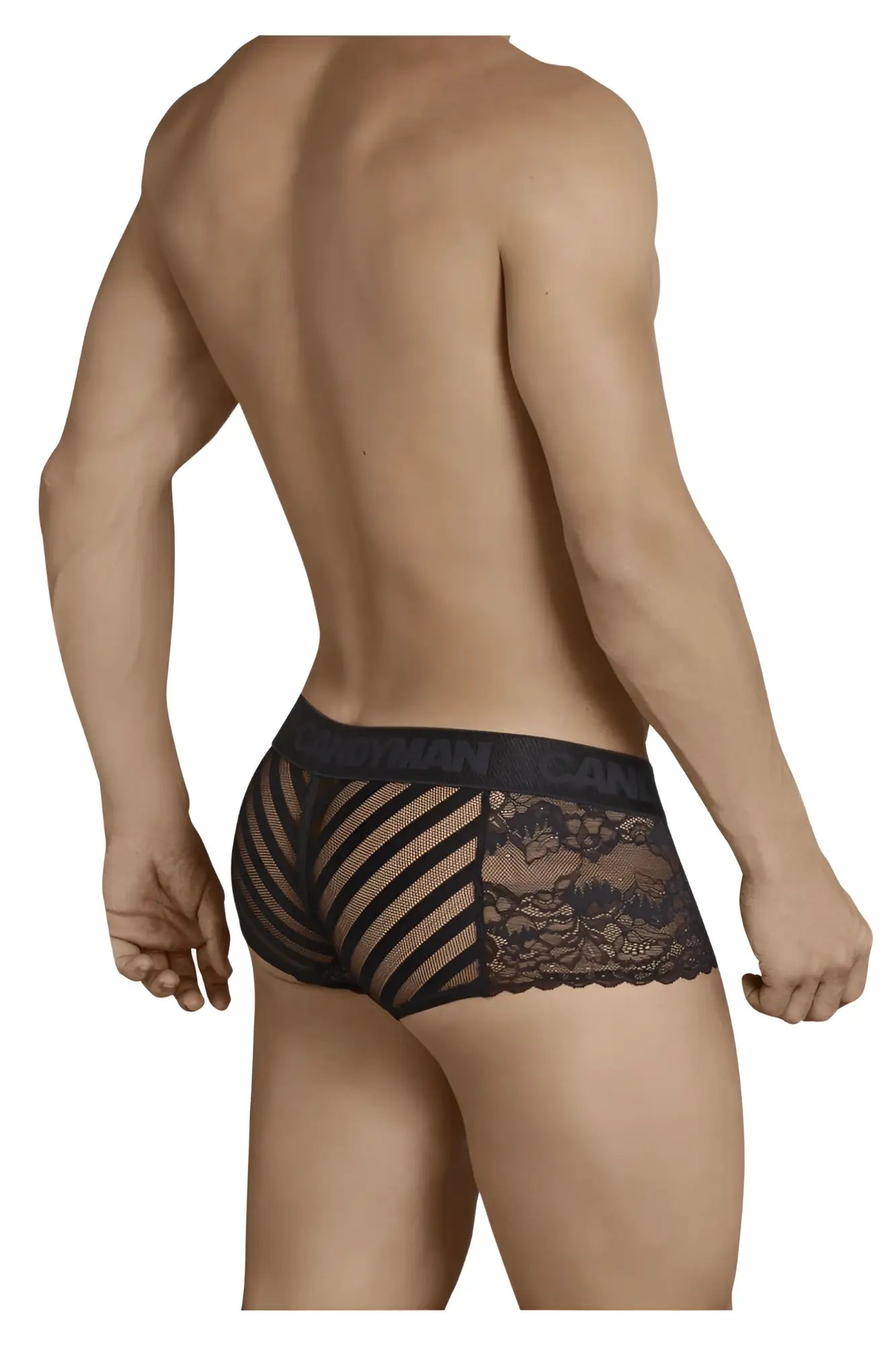 Black lace CandyMan 99393 boxer briefs with mesh panel and floral embroidery in black color