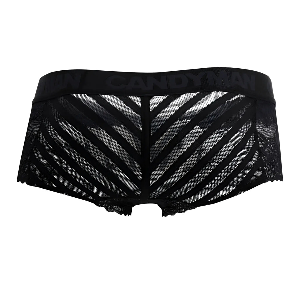 Black lace candyMan 99393 boxer briefs with mesh diagonal stripes and branded waistband in black color