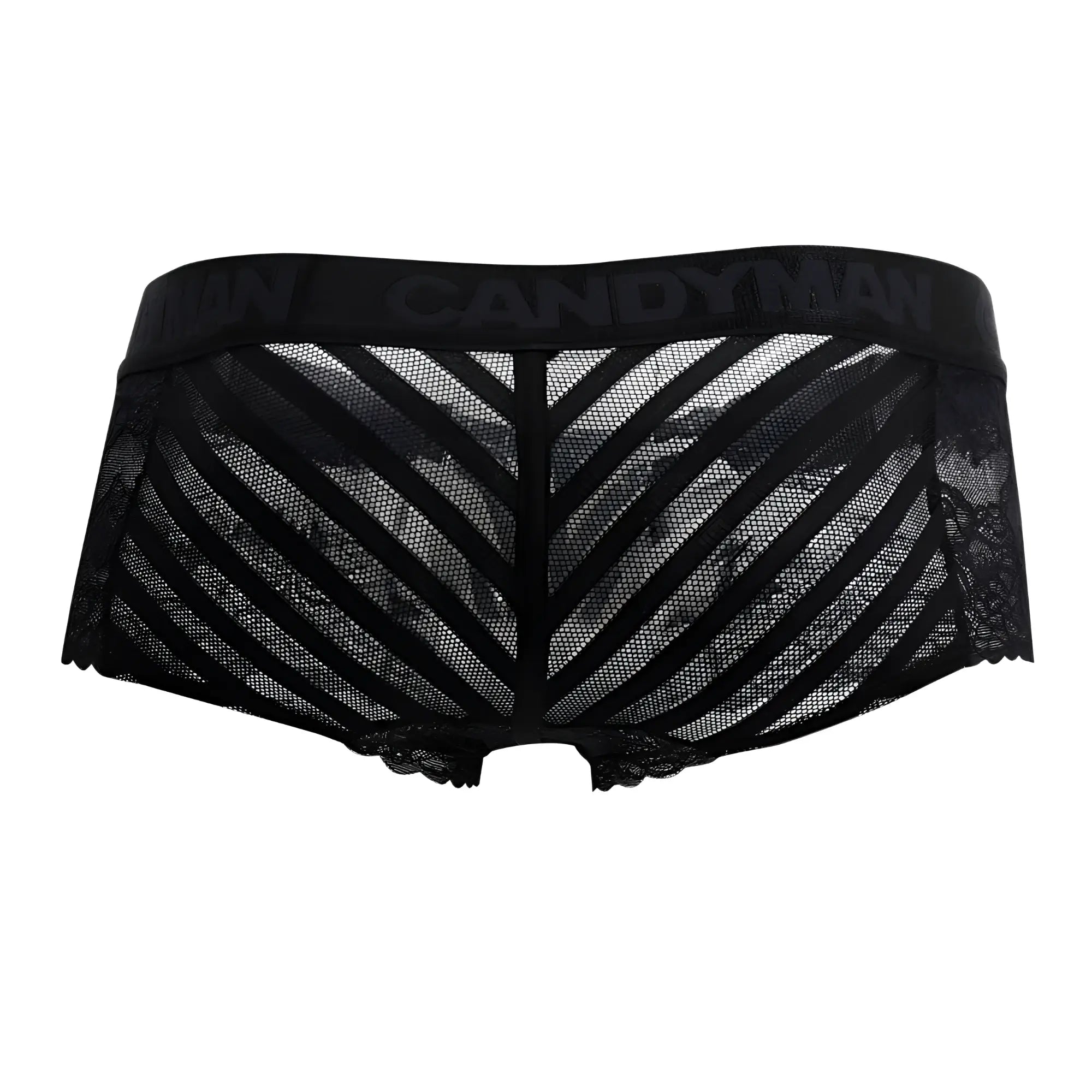 Black lace candyMan 99393 boxer briefs with mesh diagonal stripes and branded waistband in black color