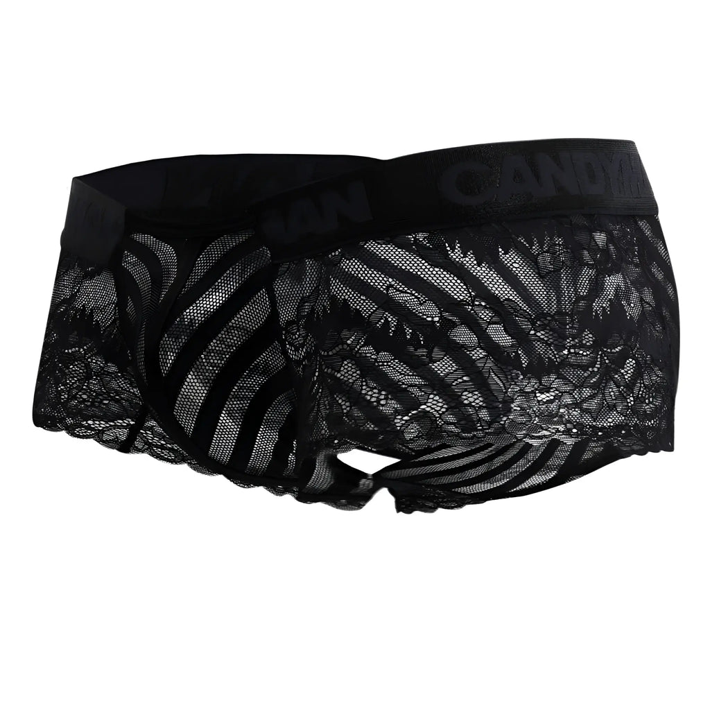 Black lace candyMan 99393 boxer briefs with patterned design and elastic waistband in black color front view
