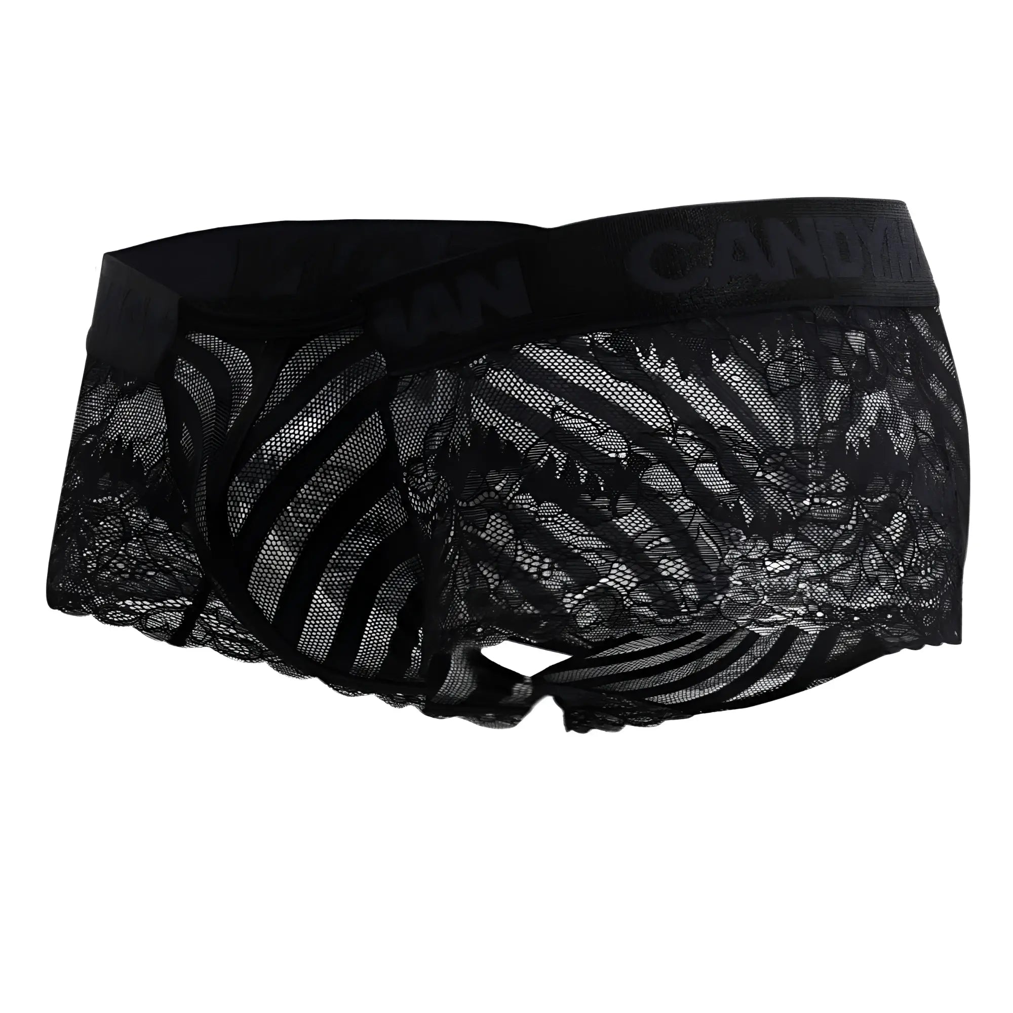 Black lace candyMan 99393 boxer briefs with patterned design and elastic waistband in black color front view