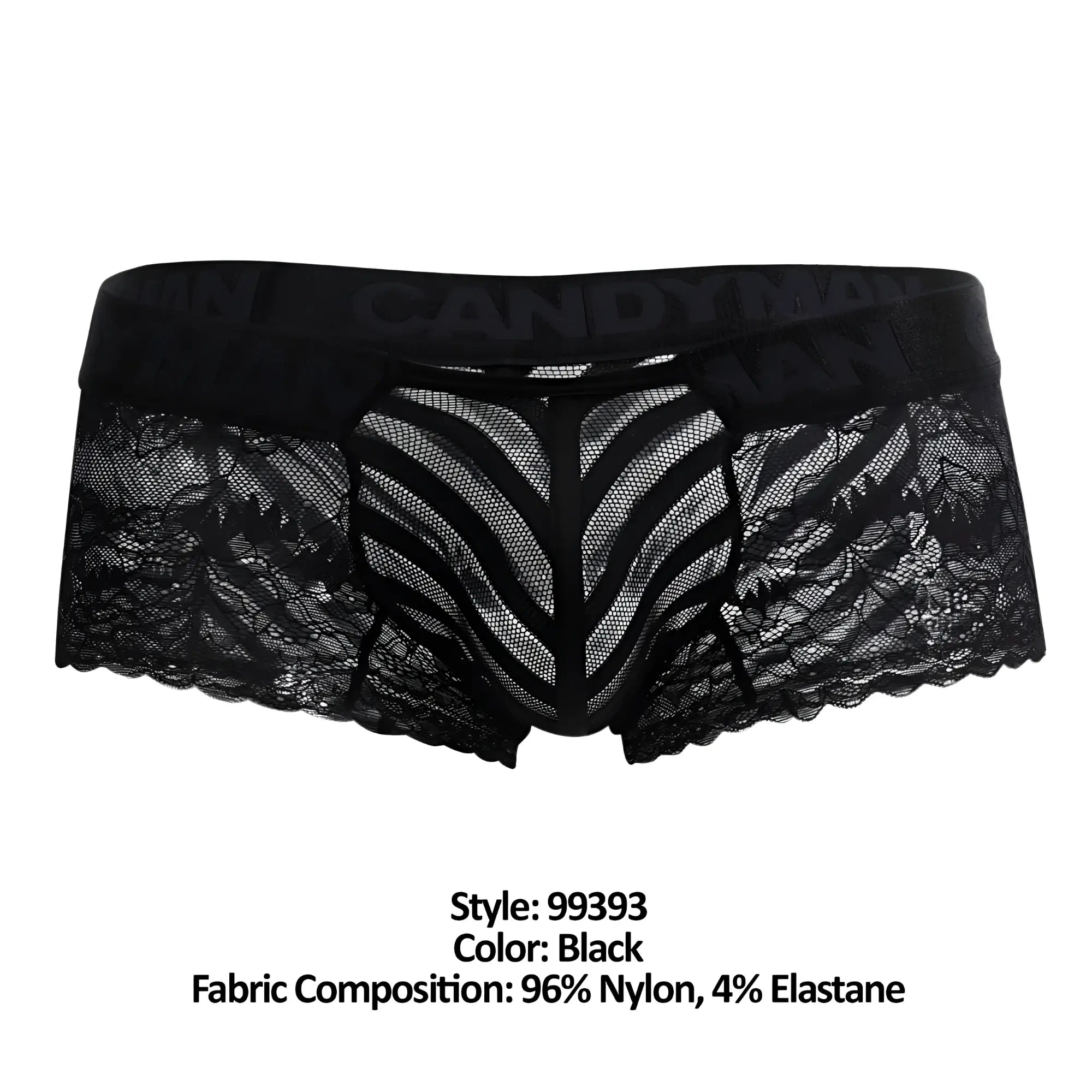 Black lace CandyMan 99393 boxer briefs with sheer patterned front panel and scalloped edges in black color