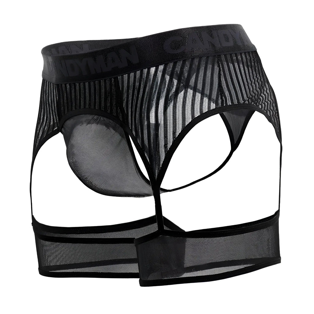 Black mesh briefs with branded waistband and reinforced leg openings from candyman 99403 stripes gaterbelt thongs