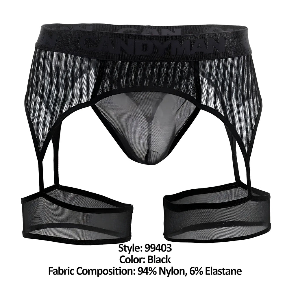 Black mesh CandyMan 99403 stripes garter belt with sheer striped design and reinforced elastic waistband