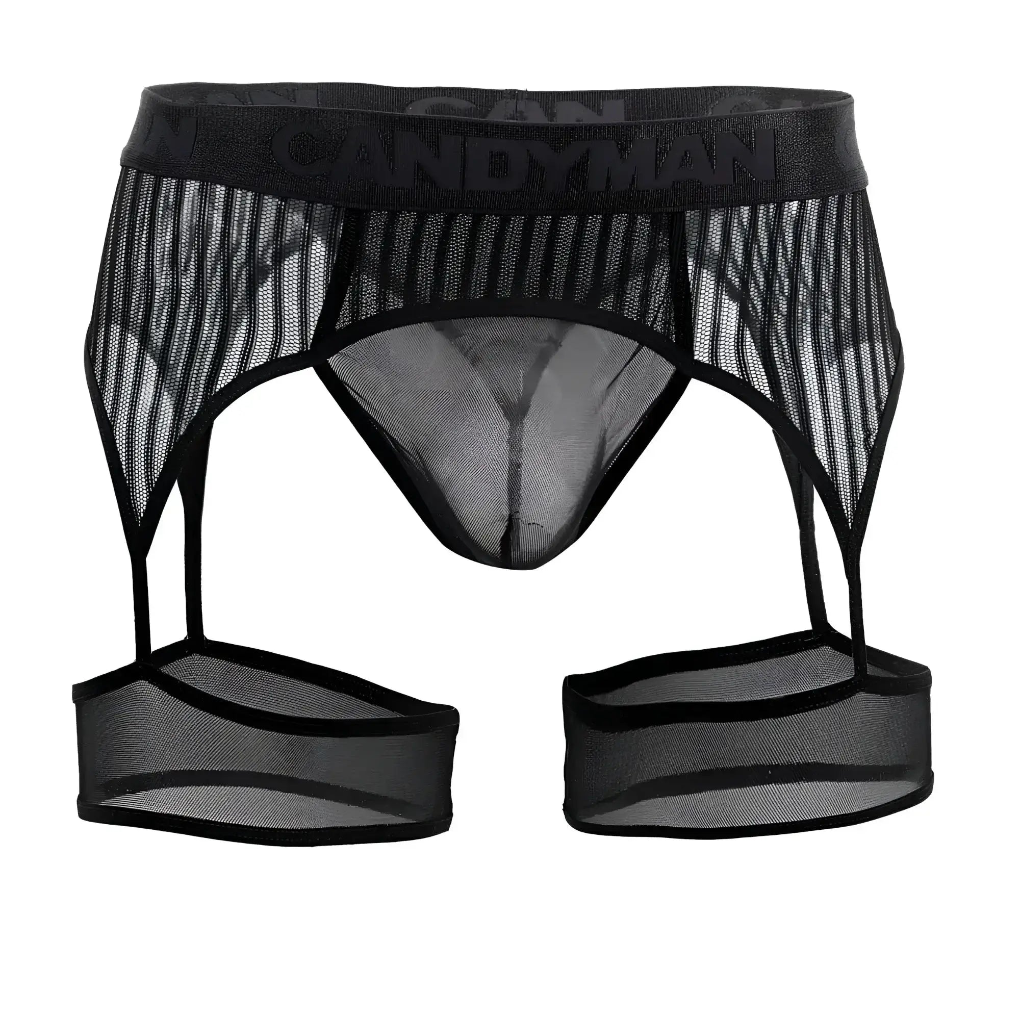 Black CandyMan 99403 stripes garter belt thong featuring sheer mesh design with reinforced elastic waistband