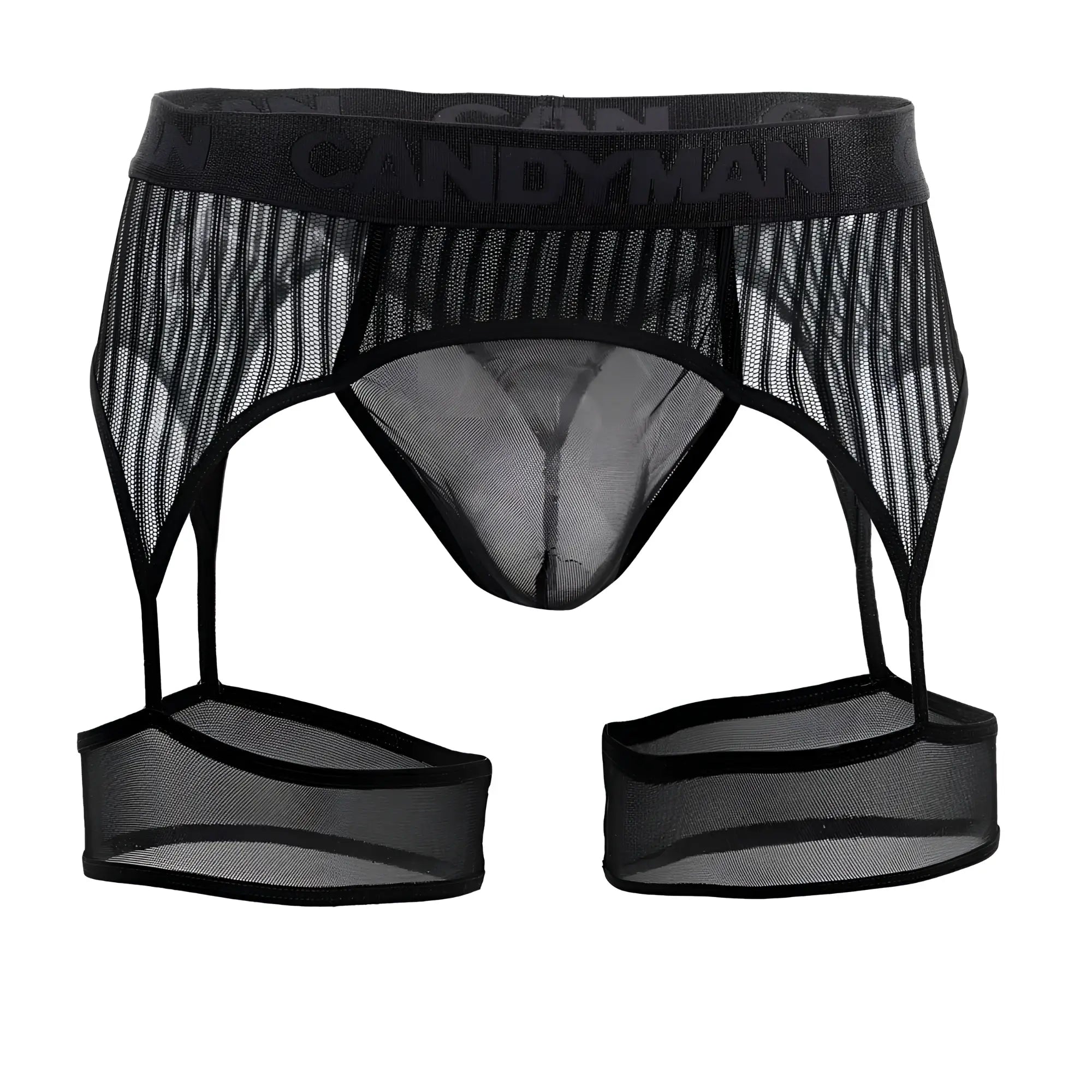 Black CandyMan 99403 stripes garter belt thong featuring sheer mesh design with reinforced elastic waistband