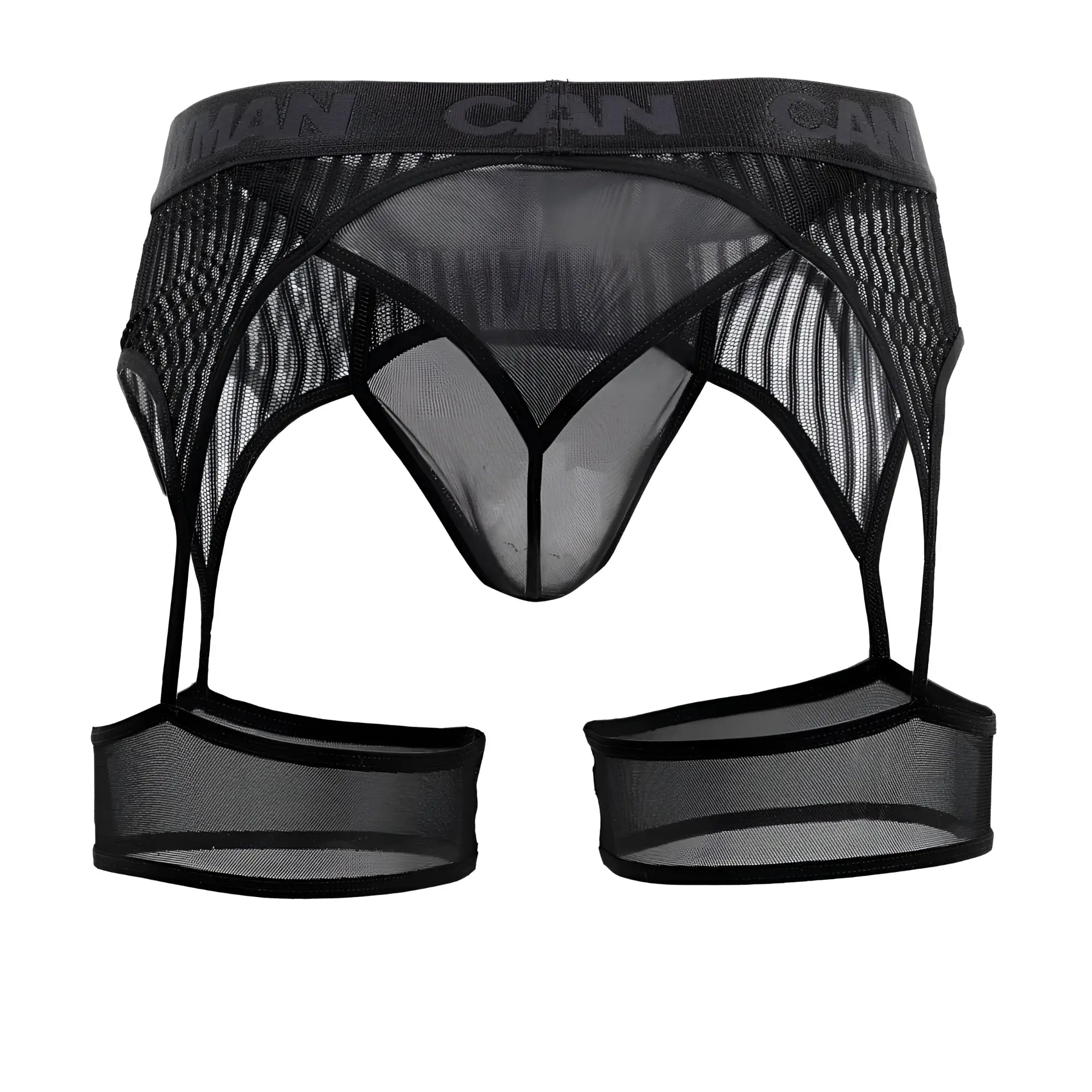 Black mesh men’s briefs with branded waistband and leg straps candyMan 99403 stripes gaterbelt thong